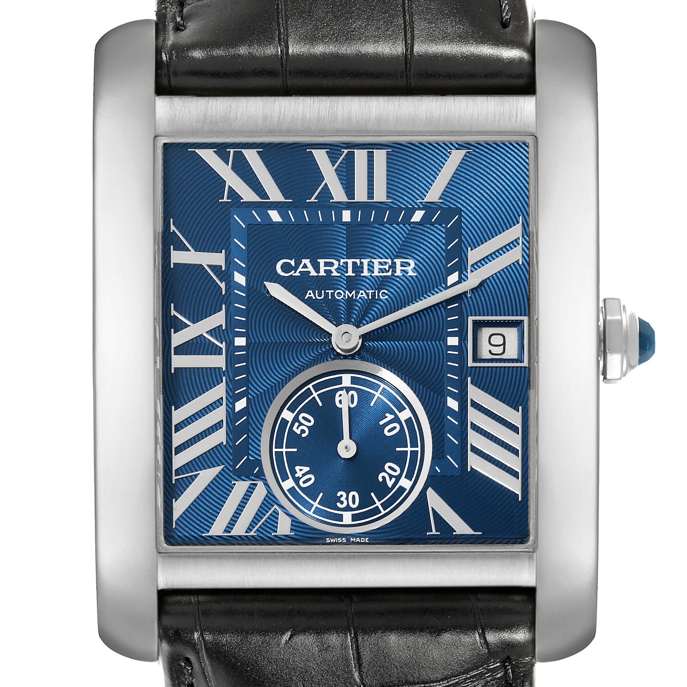 This image shows a Tank MC model by Cartier from a frontal angle highlighting the watch face, strap, and crown.