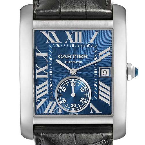 This Cartier Tank MC watch is shown from a front view, displaying its blue dial, Roman numerals, date window, and leather strap.