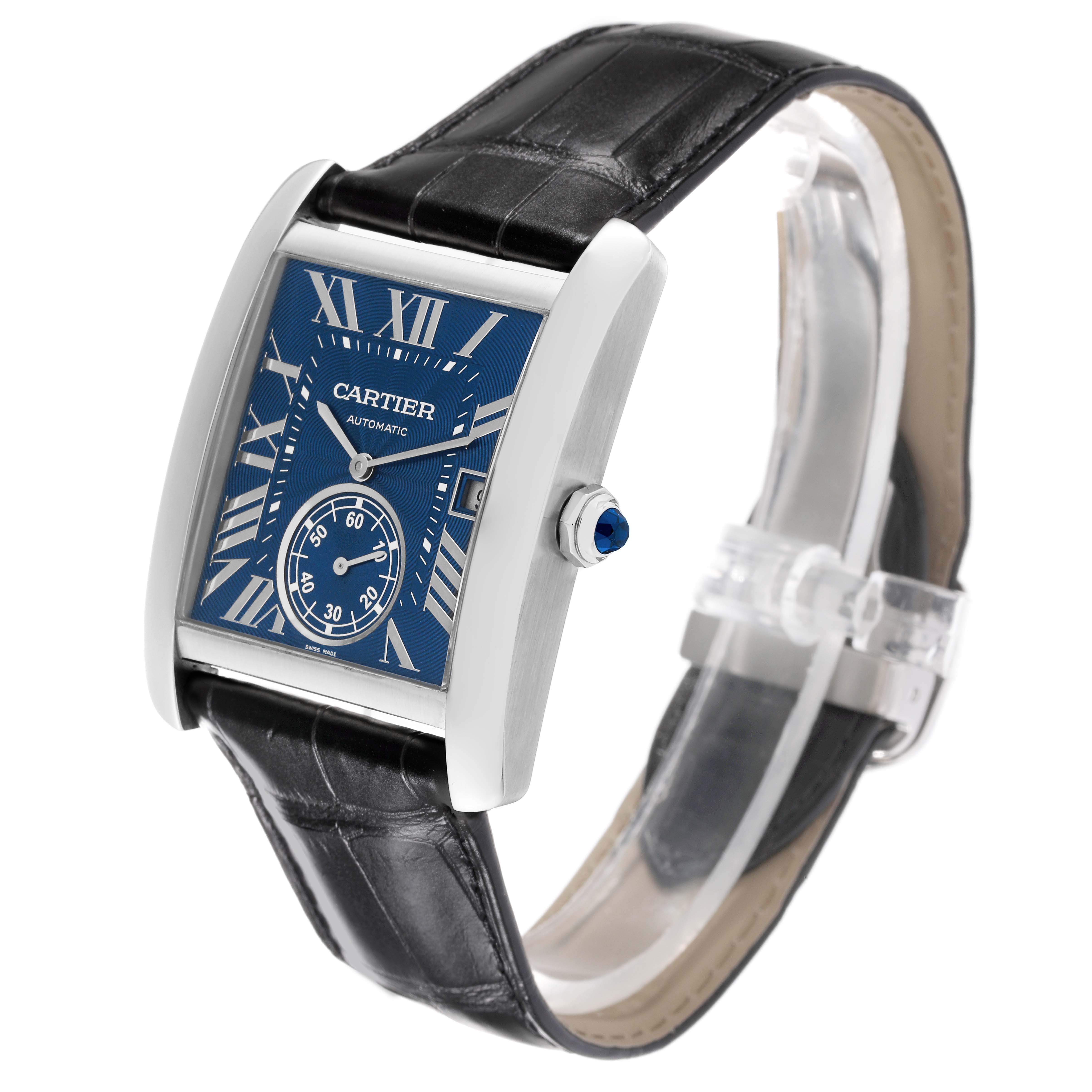 The Cartier Tank MC WSTA0010 Men's Stainless Steel Blue Dial WSTA0010 Men's Stainless Steel Blue Dial watch is shown at a slight angle, highlighting the blue dial, Roman numerals, and black leather strap.