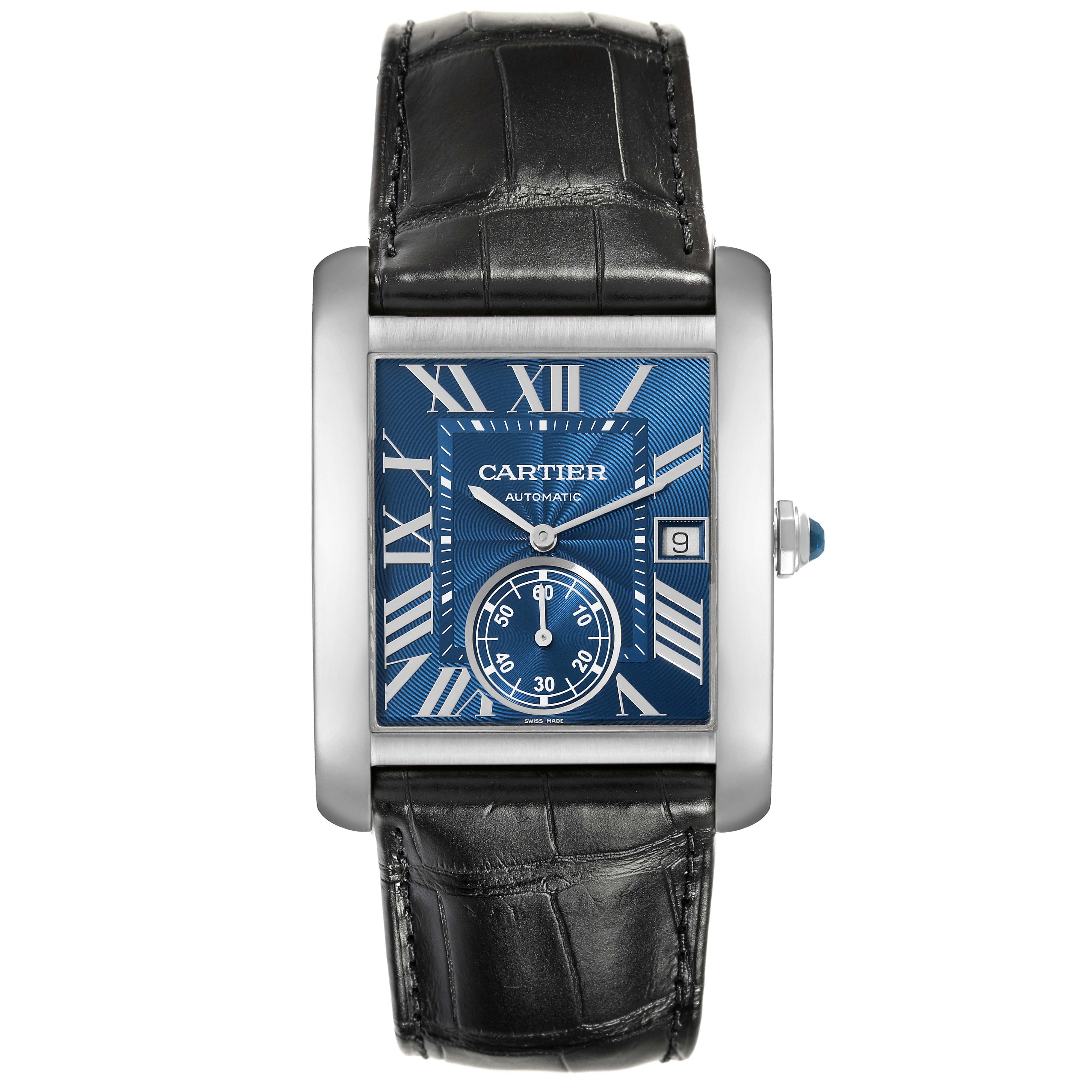 This image shows a top-down view of the Cartier Tank MC WSTA0010 Men's Stainless Steel Blue Dial WSTA0010 Men's Stainless Steel Blue Dial watch, including the face, straps, and side crown.