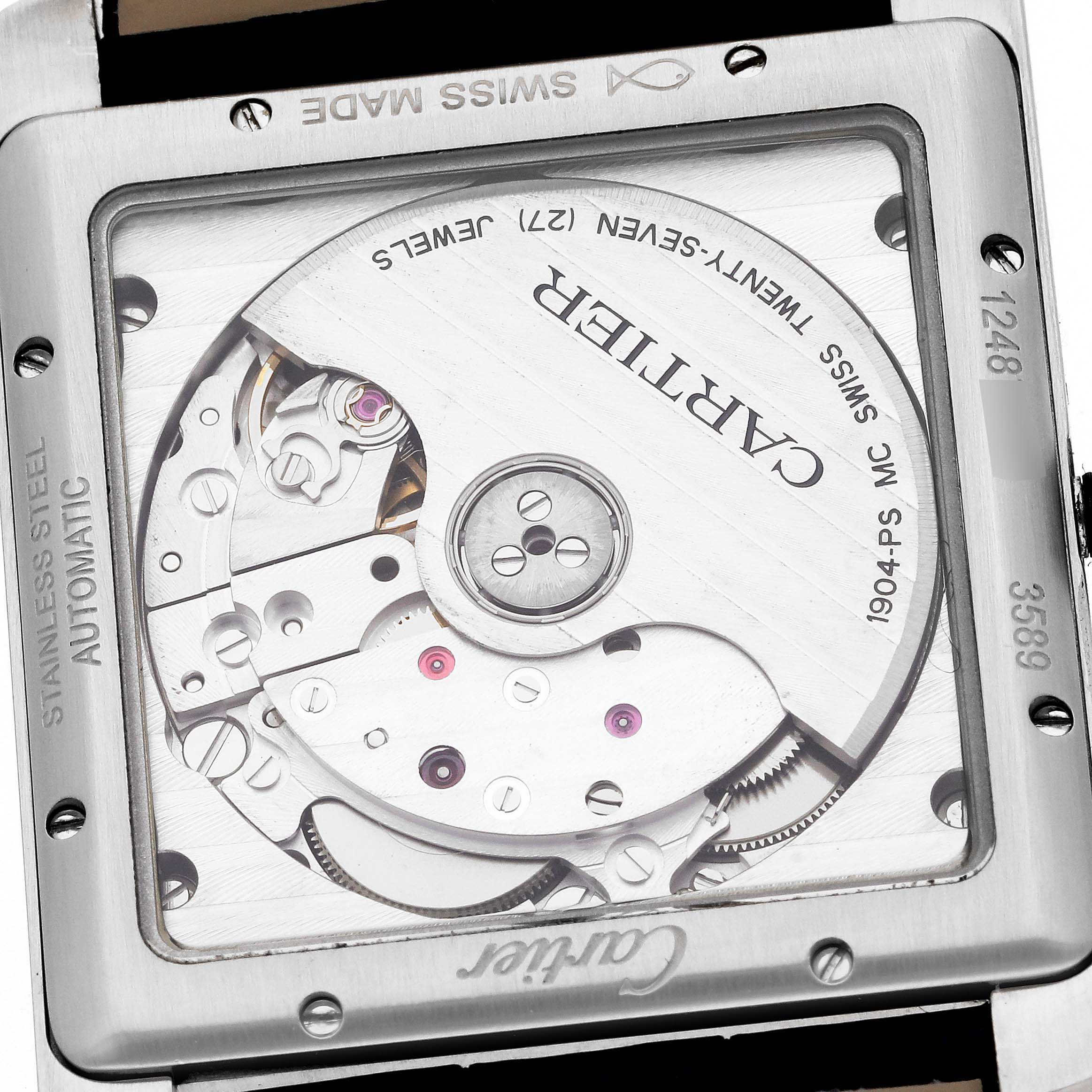 The image shows the back view of a Cartier Tank MC WSTA0010 Men's Stainless Steel Blue Dial WSTA0010 Men's Stainless Steel Blue Dial watch, focusing on its stainless steel automatic movement.