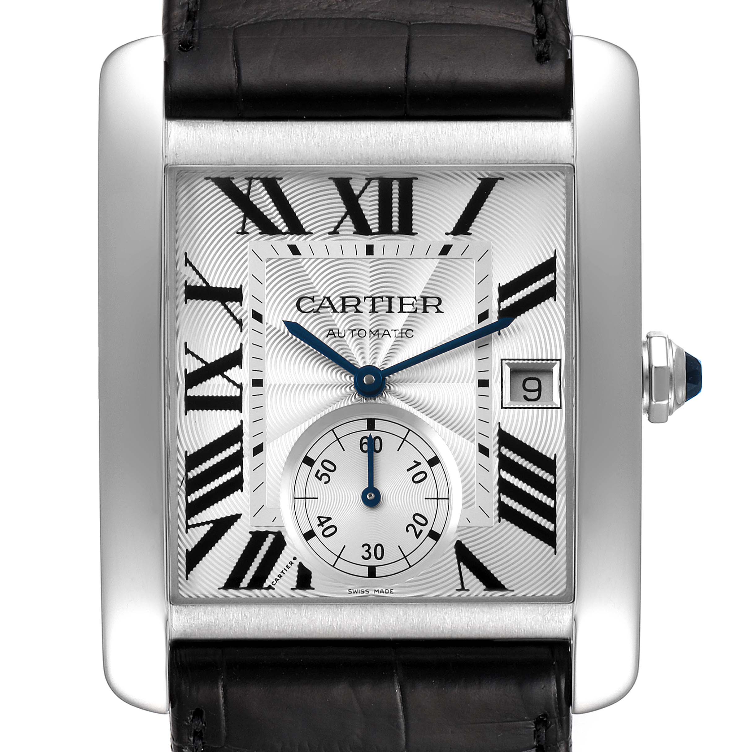 The image shows a front view of the Cartier Tank MC W5330003 Men
s Stainless Steel Silver Dial W5330003 Men
s Stainless Steel Silver Dial watch displaying its dial, case, hands, and strap.