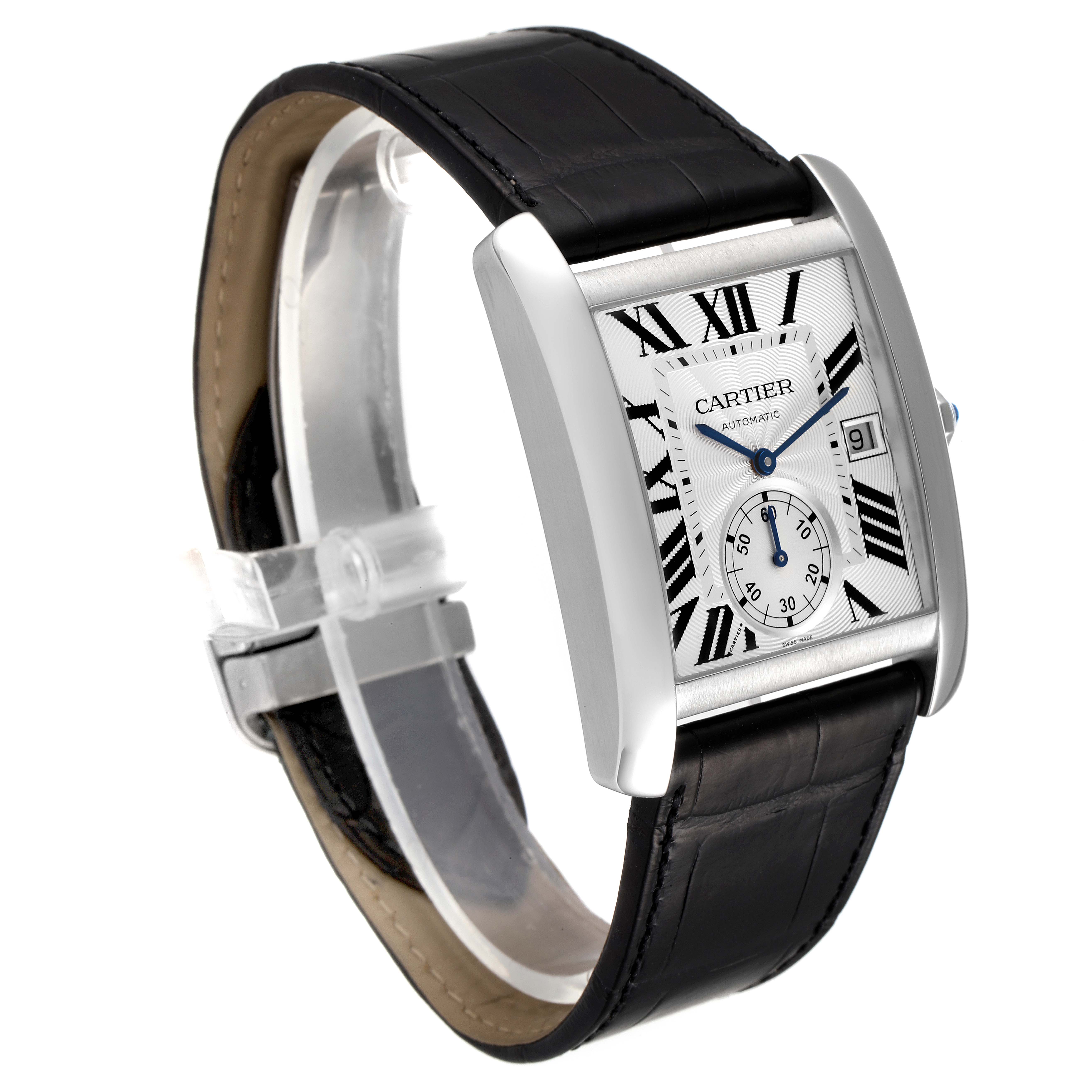 This image shows a Cartier Tank MC W5330003 Men
s Stainless Steel Silver Dial W5330003 Men
s Stainless Steel Silver Dial watch at an oblique angle, highlighting the face, case, and leather strap.