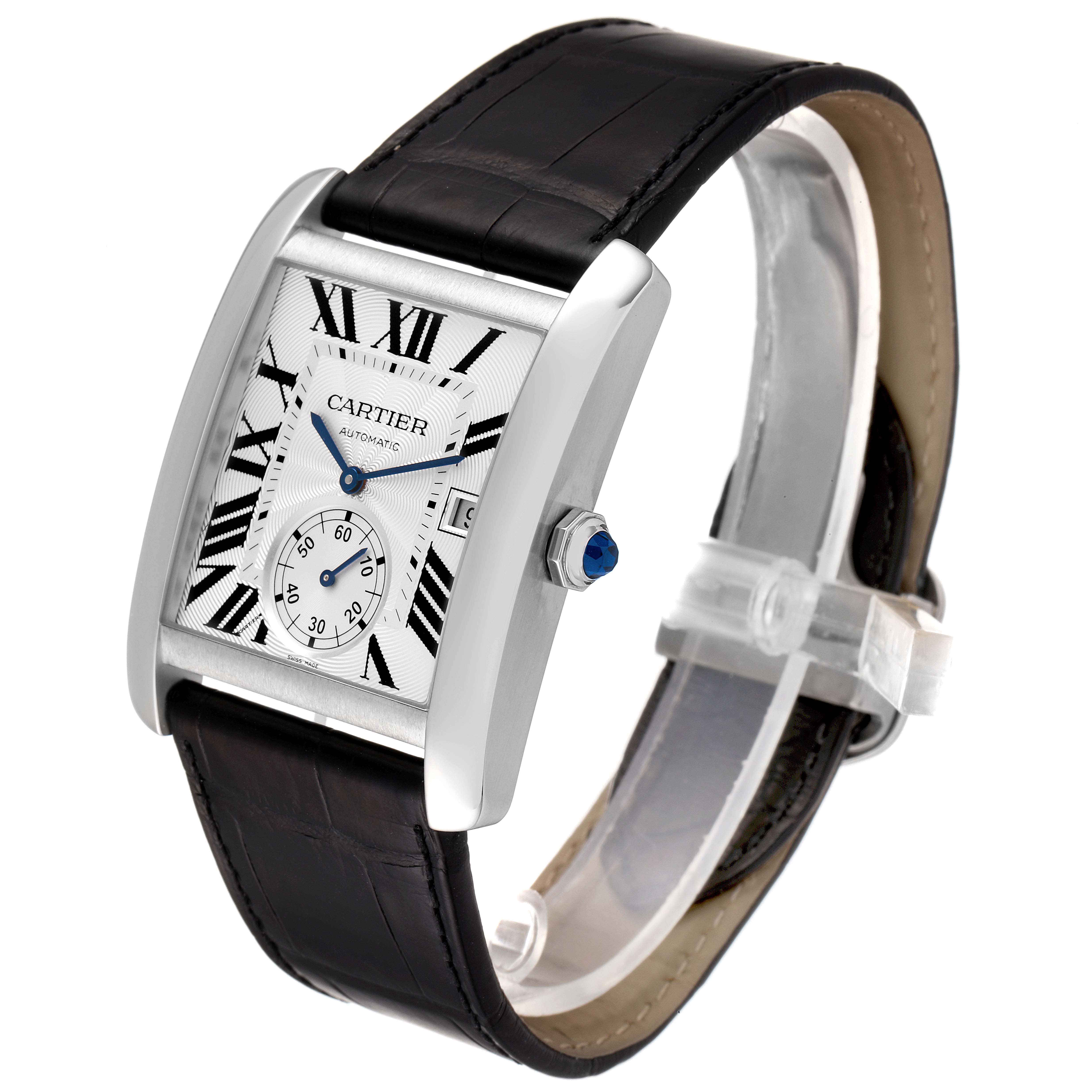 The image shows a Cartier Tank MC W5330003 Men
s Stainless Steel Silver Dial W5330003 Men
s Stainless Steel Silver Dial watch at an oblique angle, highlighting its rectangular face, leather strap, and blue-tipped crown.