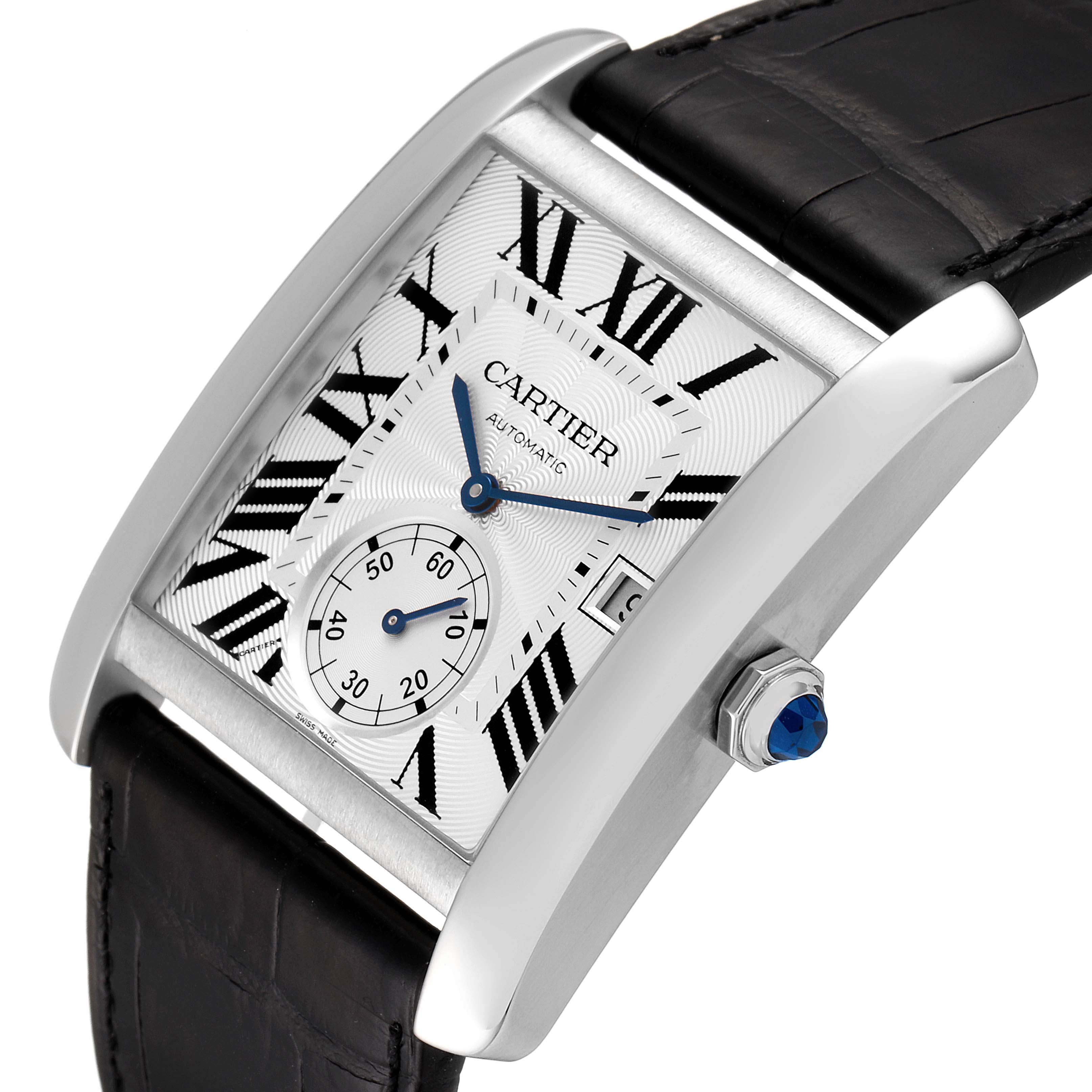 The image shows a Cartier Tank MC W5330003 Men
s Stainless Steel Silver Dial W5330003 Men
s Stainless Steel Silver Dial watch angled slightly from the side, highlighting the dial, crown, and part of the leather strap.