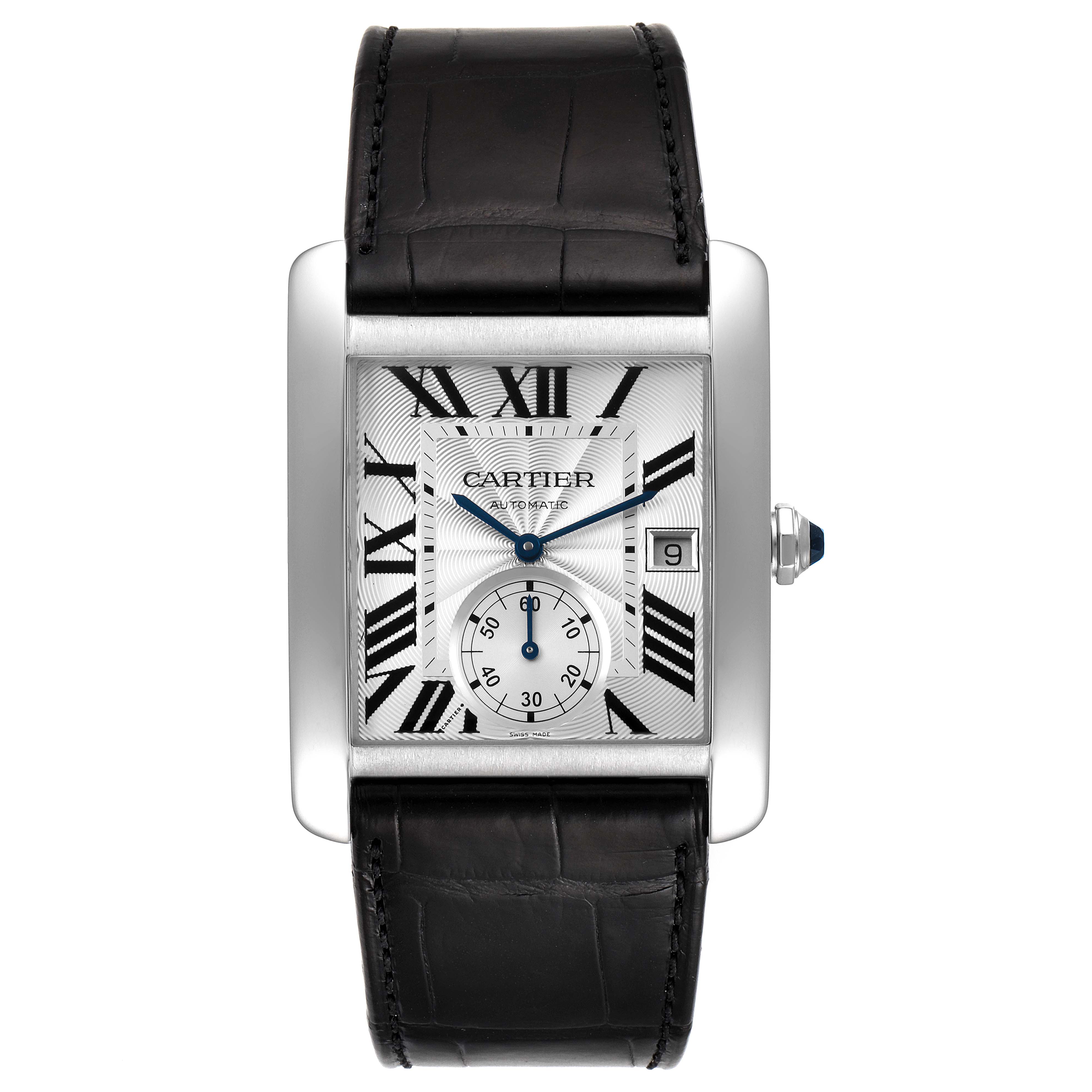 The image shows a front view of the Cartier Tank MC W5330003 Men
s Stainless Steel Silver Dial W5330003 Men
s Stainless Steel Silver Dial watch, highlighting its rectangular dial, Roman numerals, date window, and black leather strap.