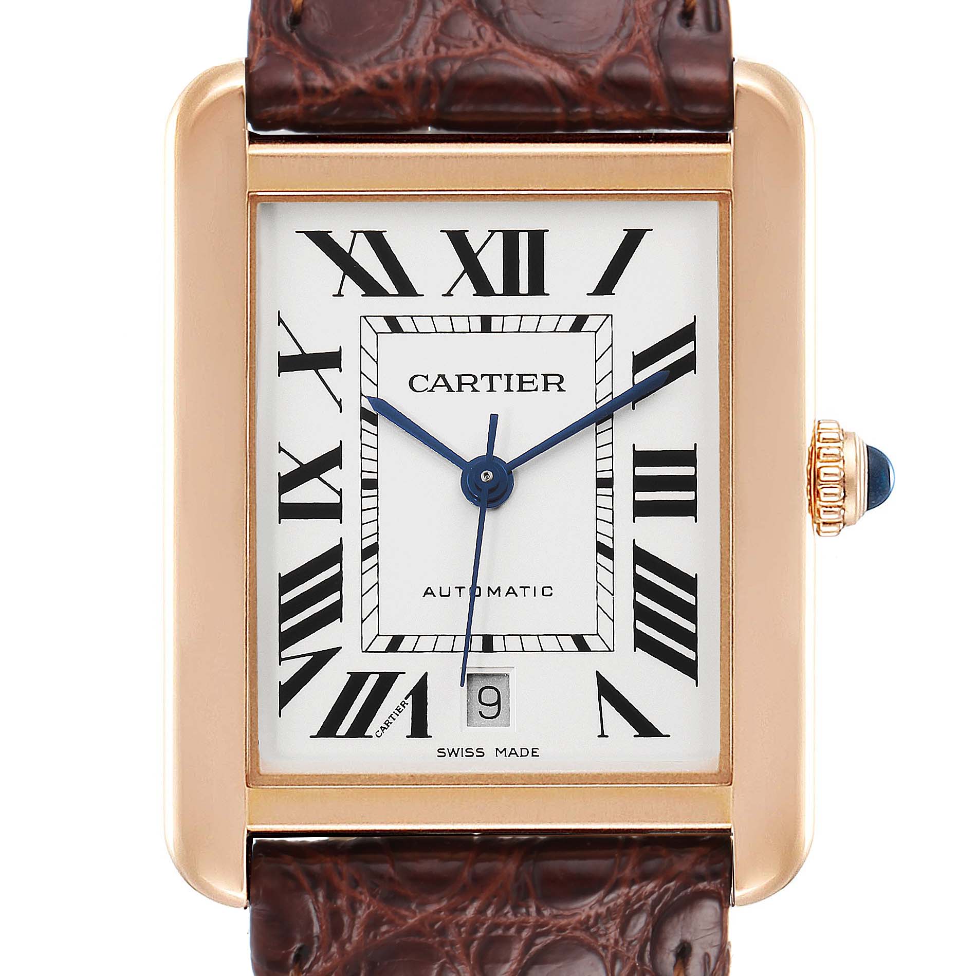 The image shows a front view of the Cartier Tank Solo W5200026 Men's Rose Gold Silver Dial W5200026 Men's Rose Gold Silver Dial watch, highlighting its rectangular case, Roman numeral dial, and brown leather strap.