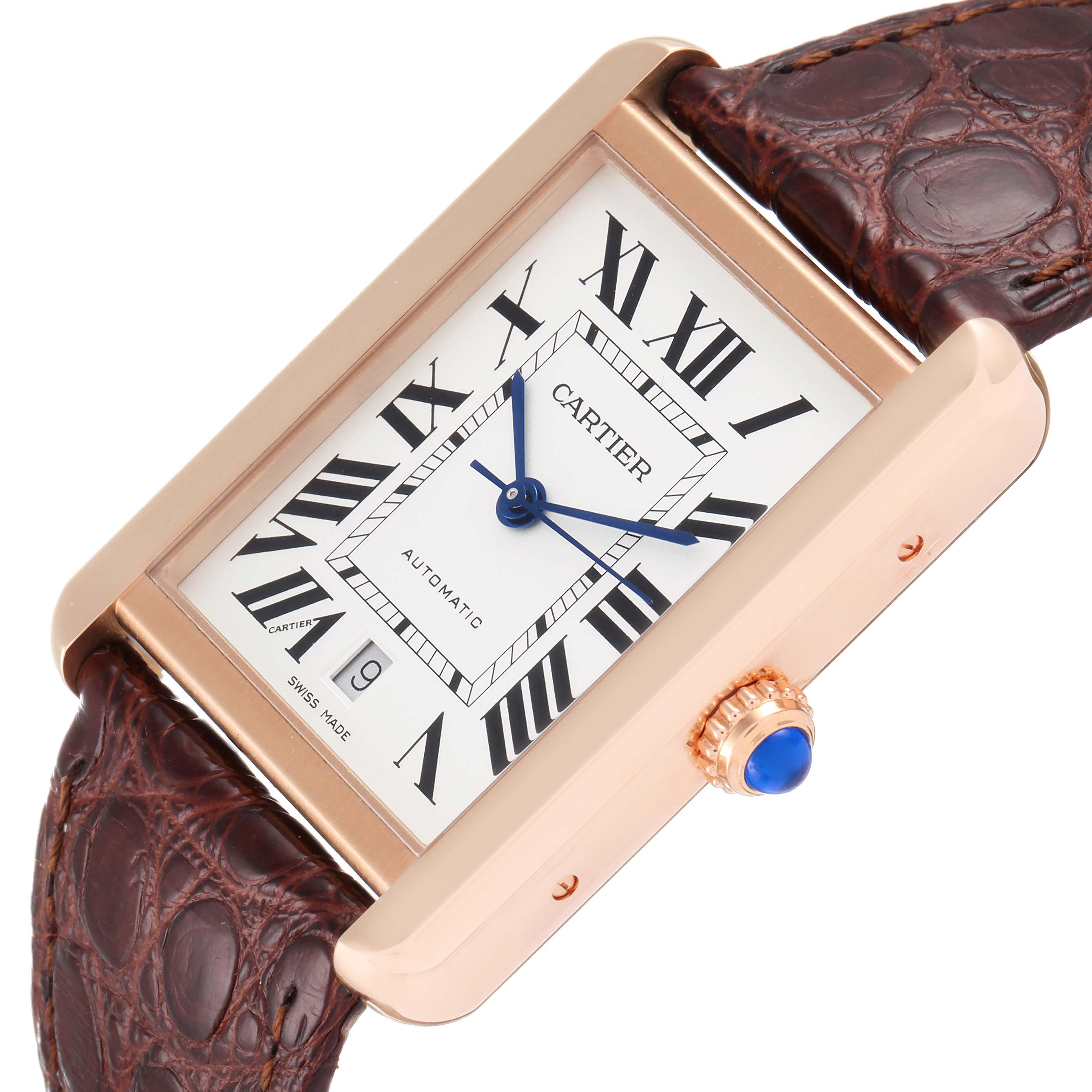 The image shows a Cartier Tank Solo W5200026 Men's Rose Gold Silver Dial W5200026 Men's Rose Gold Silver Dial watch at a slight angle, highlighting its rectangular face, crown, and brown leather strap.