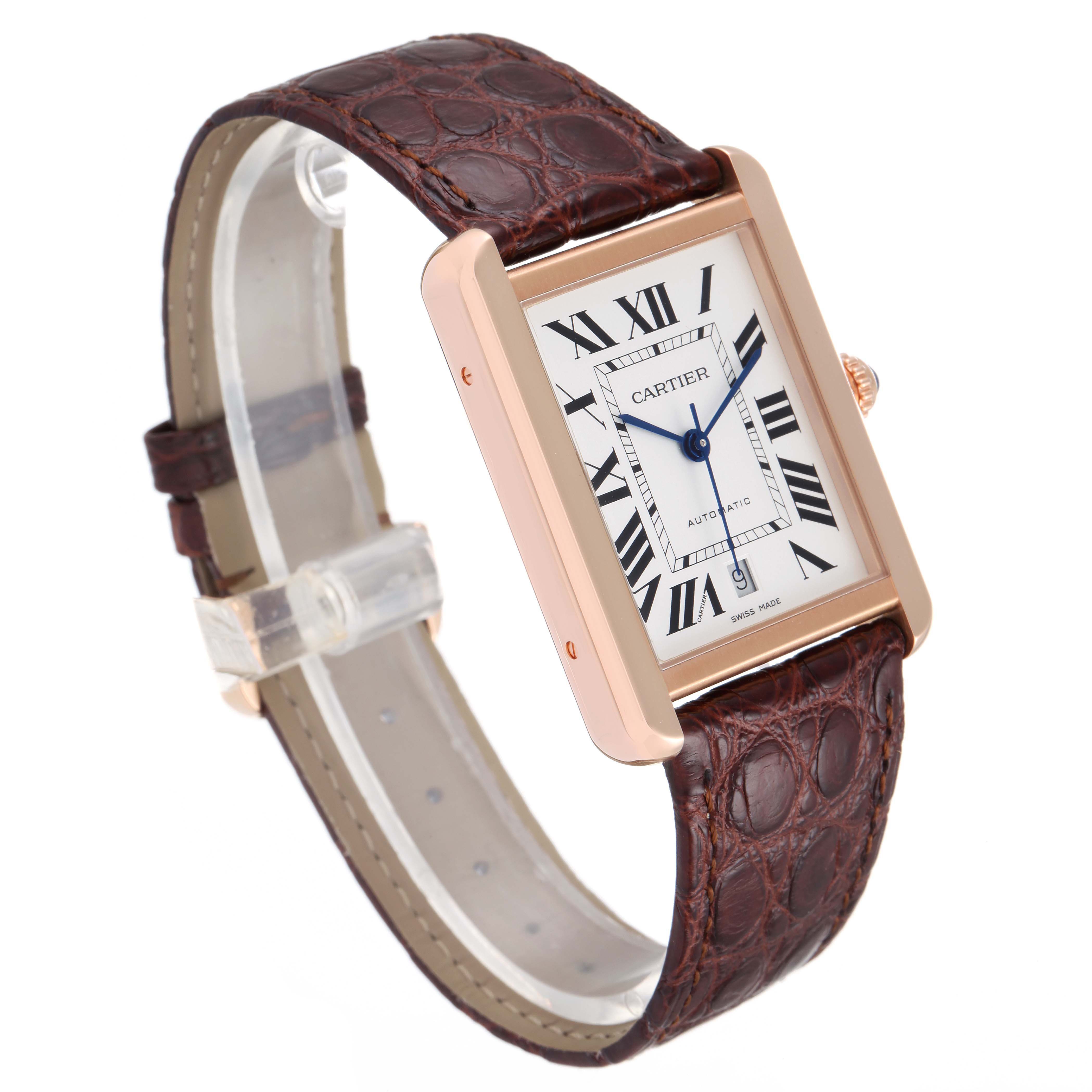 The image shows a Cartier Tank Solo W5200026 Men's Rose Gold Silver Dial W5200026 Men's Rose Gold Silver Dial watch at a three-quarter angle, highlighting its rectangular dial, Roman numerals, and brown leather strap.