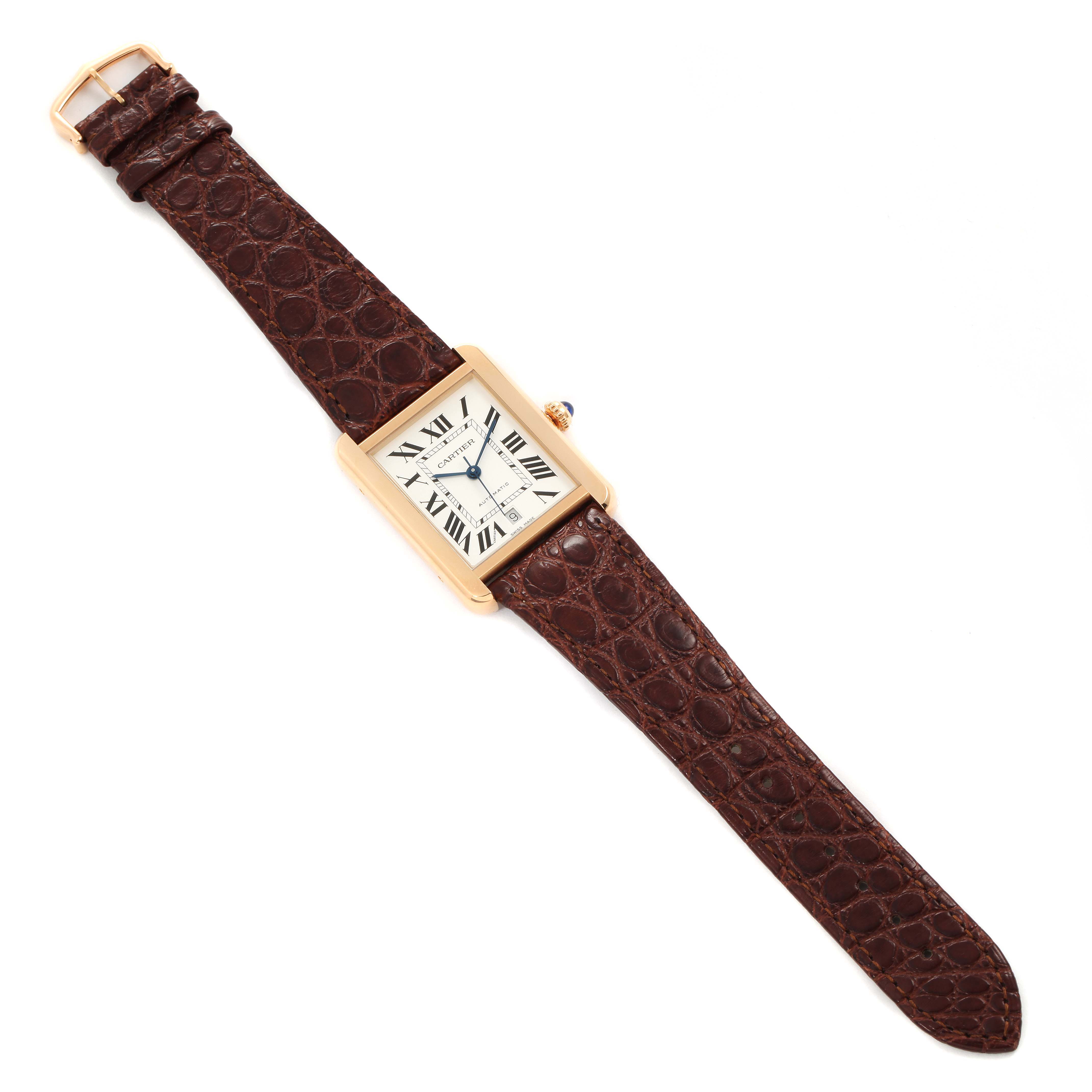 This image shows a Cartier Tank Solo W5200026 Men's Rose Gold Silver Dial W5200026 Men's Rose Gold Silver Dial watch with a rectangular gold case and a brown leather strap; the crown and dial are visible from the top view.