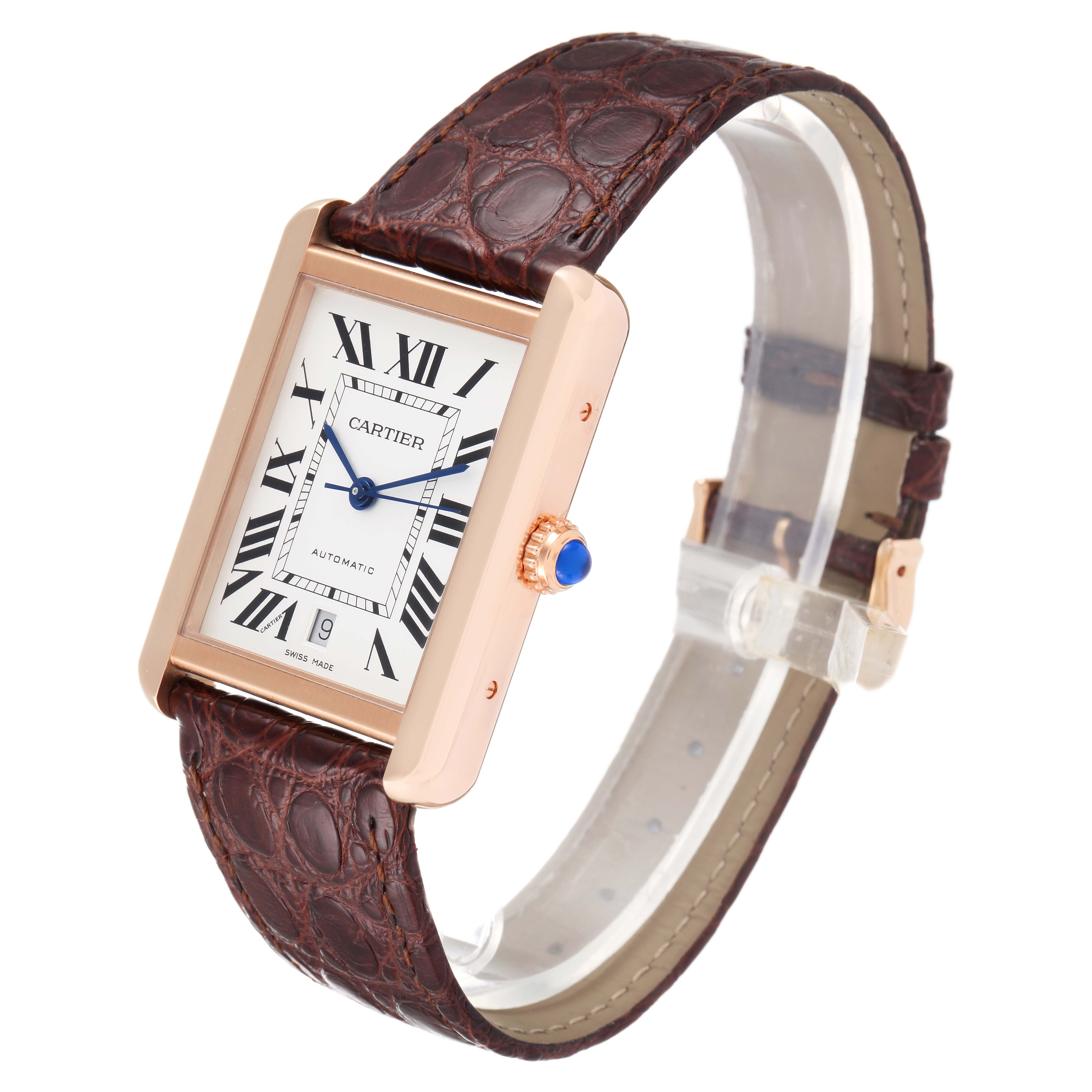 The Cartier Tank Solo W5200026 Men's Rose Gold Silver Dial W5200026 Men's Rose Gold Silver Dial watch is shown from a front angle, displaying its face, dial, crown, and leather strap.
