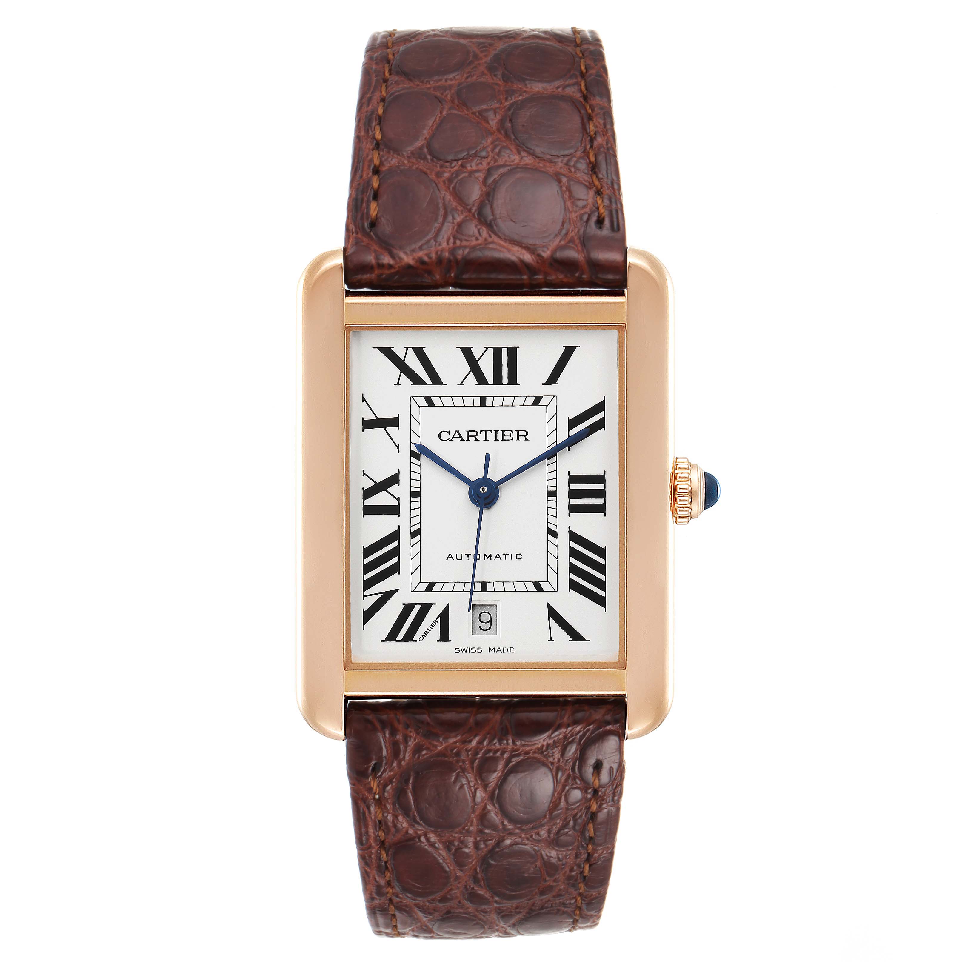 The image shows a frontal view of the Cartier Tank Solo W5200026 Men's Rose Gold Silver Dial W5200026 Men's Rose Gold Silver Dial watch with a brown leather strap.