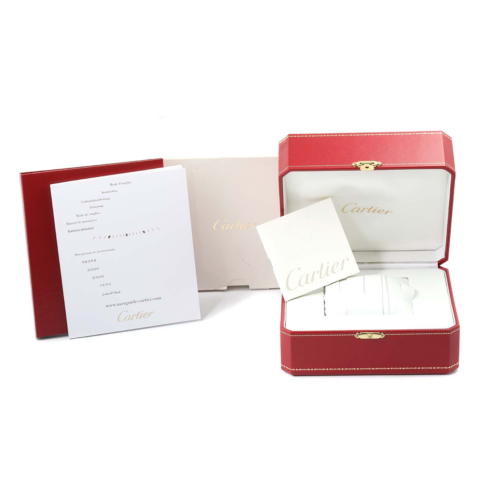 The image shows the packaging, user manual, and accessories for the Cartier Tank Solo W5200026 Men's Rose Gold Silver Dial W5200026 Men's Rose Gold Silver Dial watch.