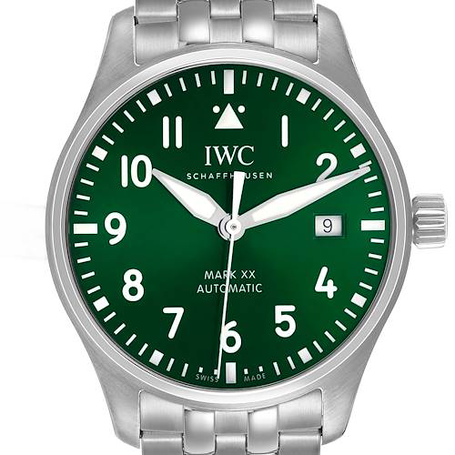 The IWC Pilot IW328206 Men's Stainless Steel Green Dial model is shown from a front angle, displaying its dial, bezel, numerals, date window, and part of the metal bracelet.