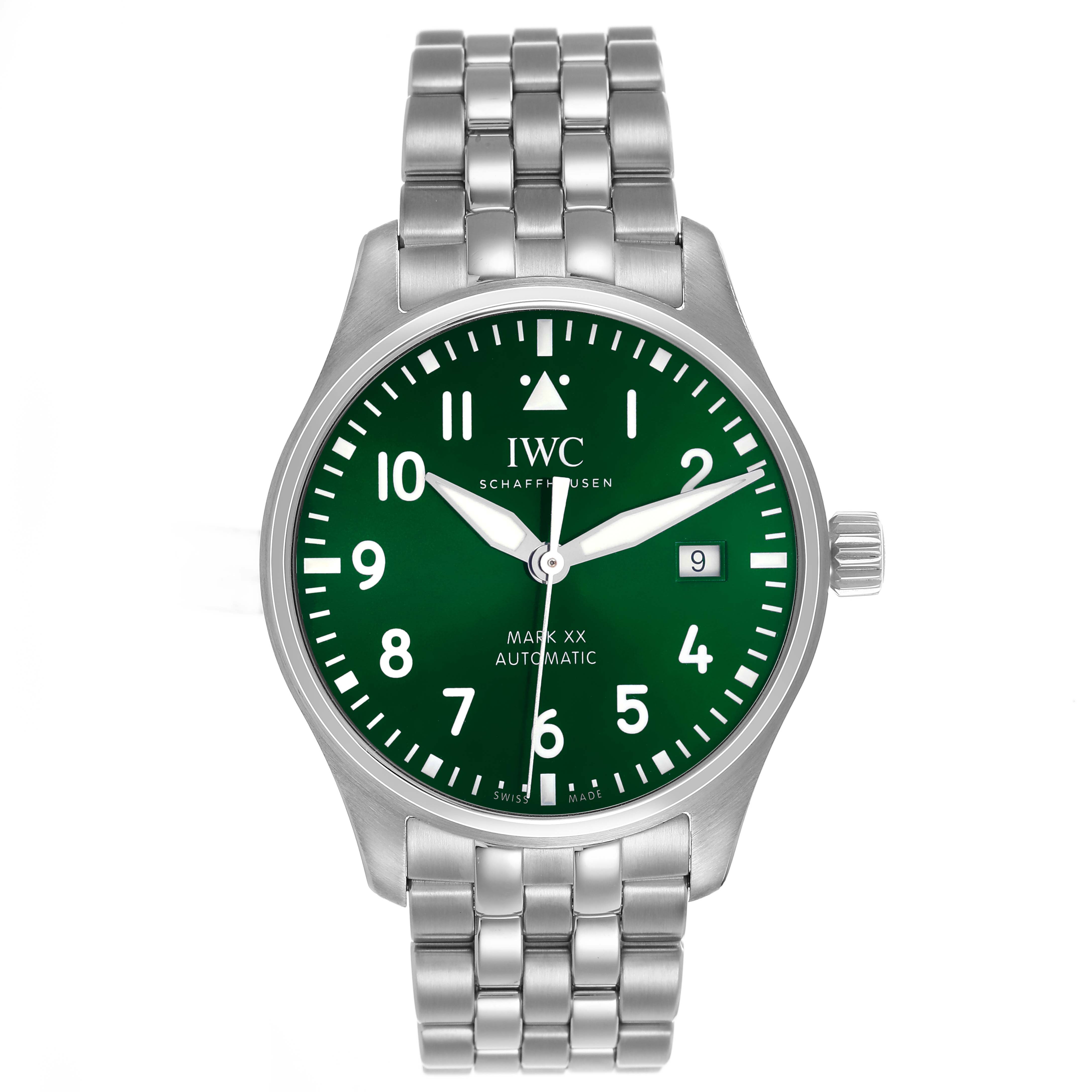 The IWC Pilot IW328206 Men's Stainless Steel Green Dial Mark XX watch is shown from a front angle, displaying the dial, hour markers, hands, date window, and metal bracelet.