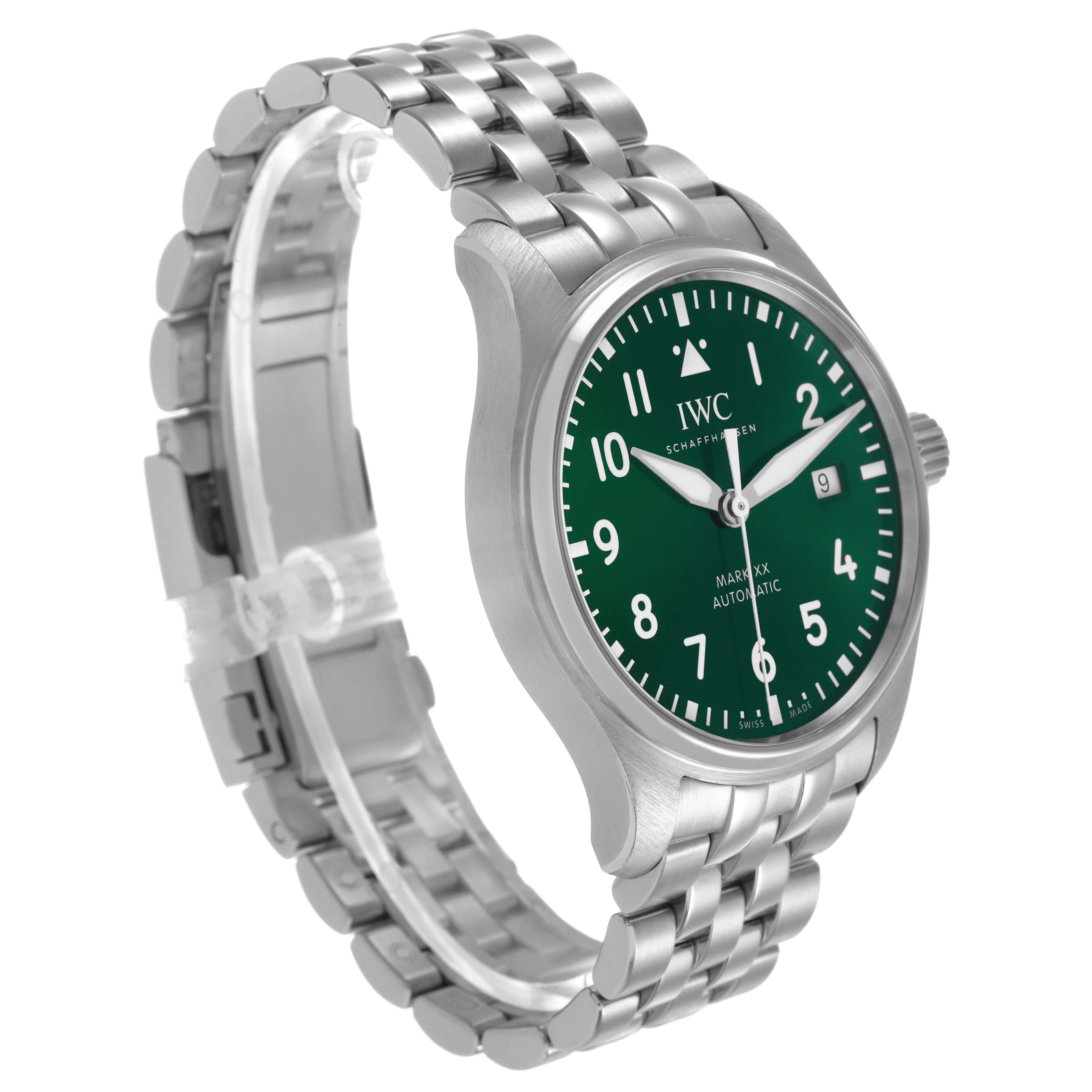 The IWC Pilot IW328206 Men's Stainless Steel Green Dial watch is shown from a front-side angle, highlighting its green dial and stainless steel bracelet.