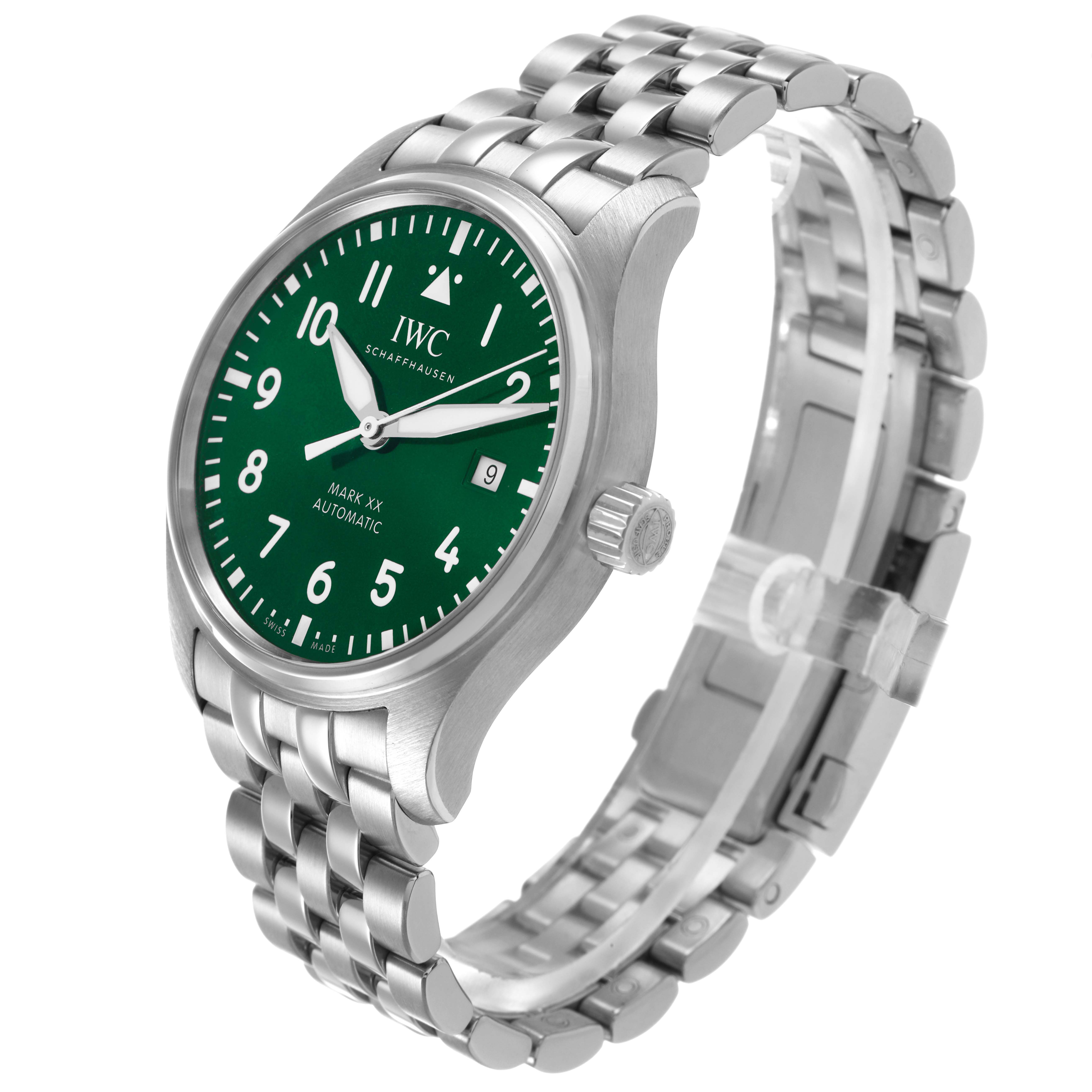 The IWC Pilot IW328206 Men's Stainless Steel Green Dial watch is shown at an angled side view displaying the green dial, bezel, crown, and metal bracelet.