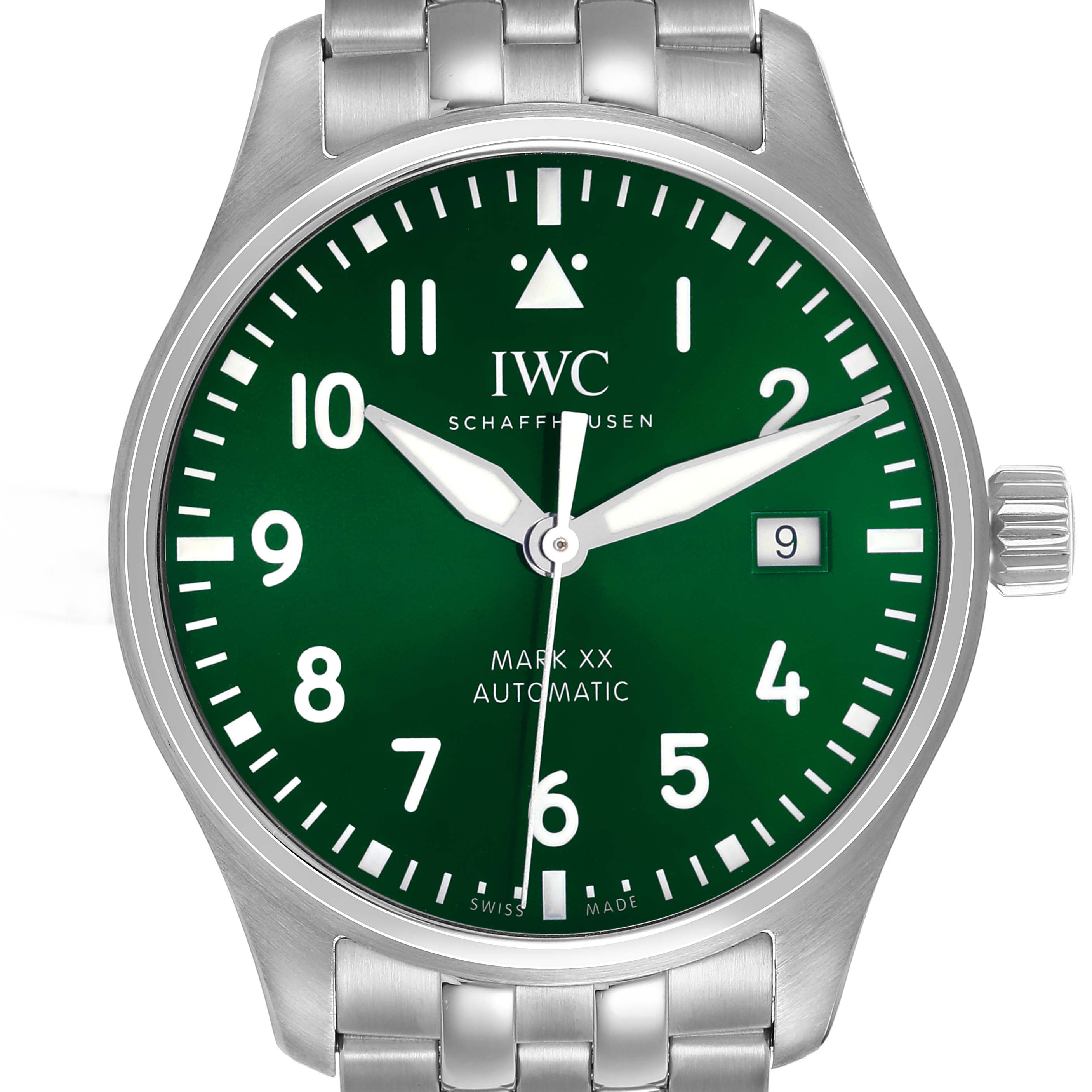 The IWC Pilot IW328206 Men's Stainless Steel Green Dial Mark XX watch is shown from the front, highlighting its green dial, hands, hour markers, and date window.