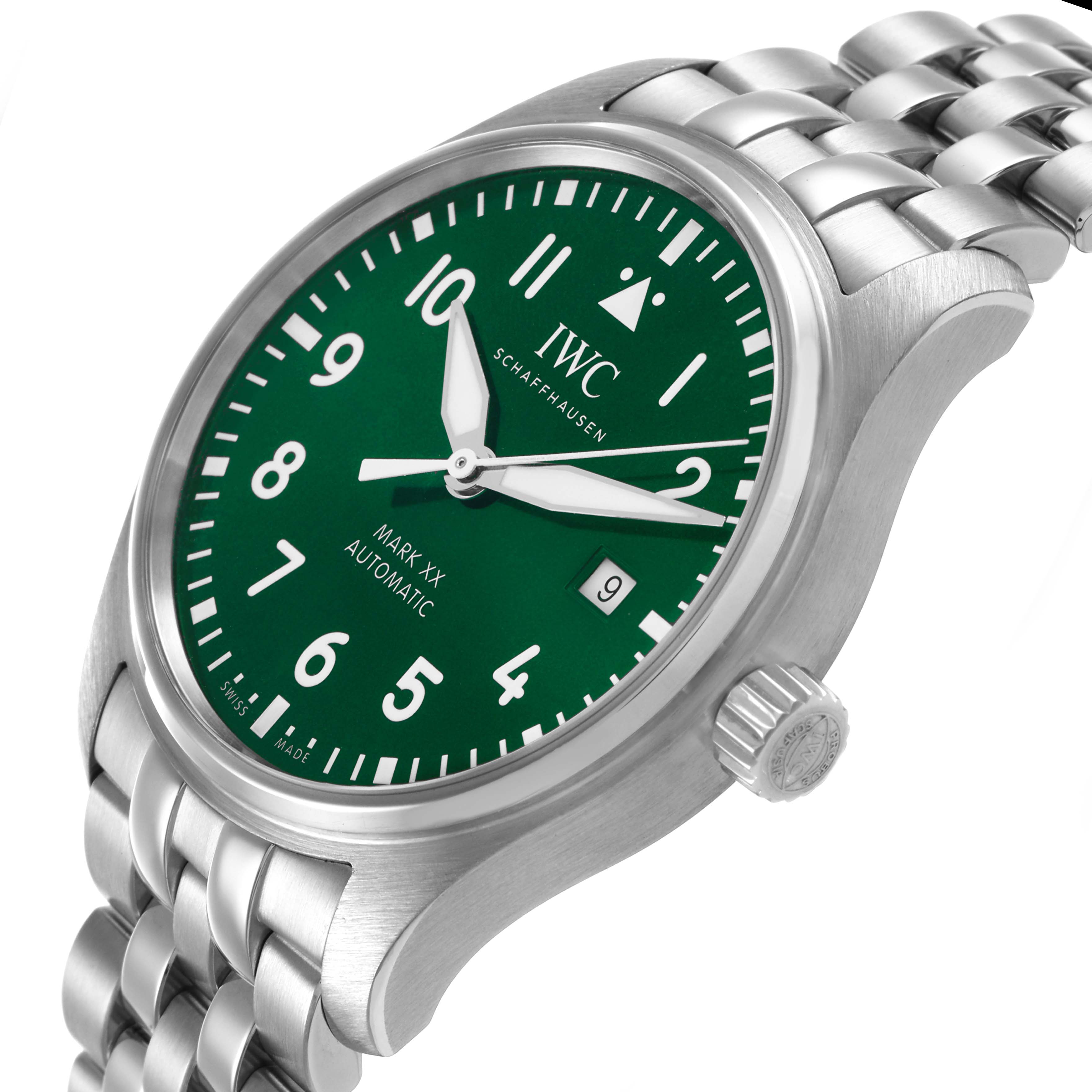 The IWC Pilot IW328206 Men's Stainless Steel Green Dial Mark XX watch is shown at a three-quarter angle, displaying the green dial, crown, and stainless steel bracelet.