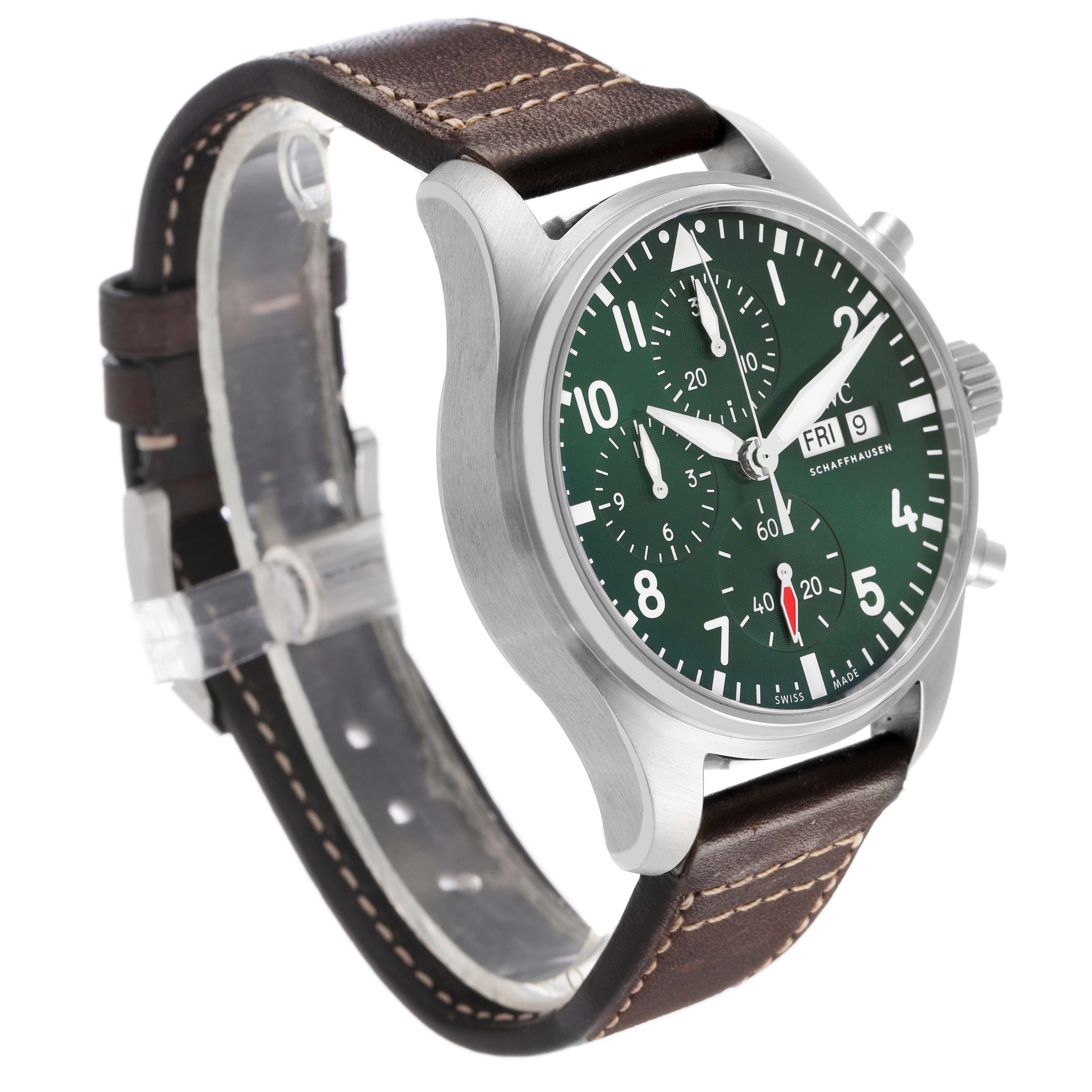 The IWC Pilot IW388103 Men's Stainless Steel Green Dial watch is shown at a three-quarter angle, displaying the face, case, and leather strap.