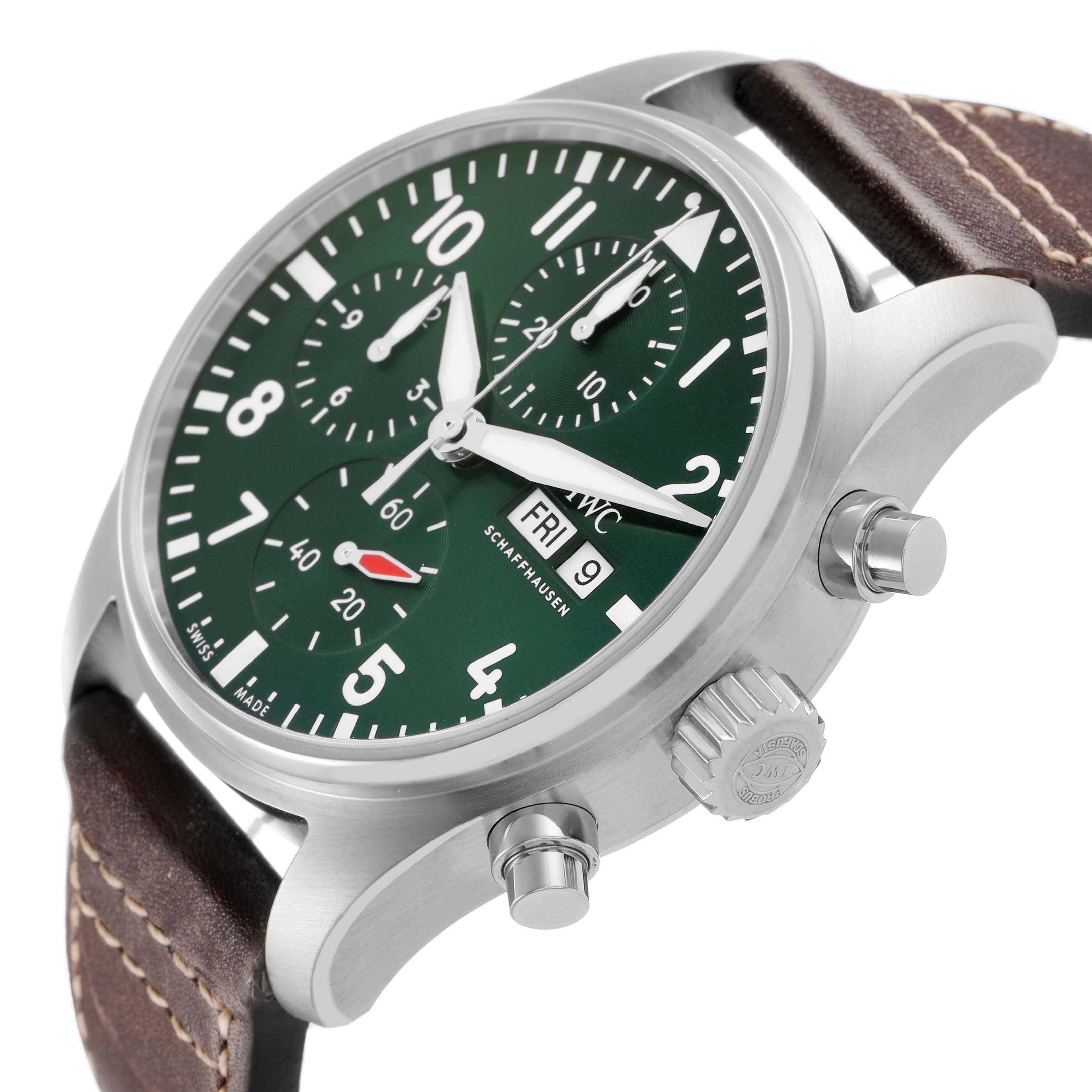 The IWC Pilot IW388103 Men's Stainless Steel Green Dial model watch is shown from a three-quarter angle, highlighting the green dial, chronograph subdials, pushers, and crown.