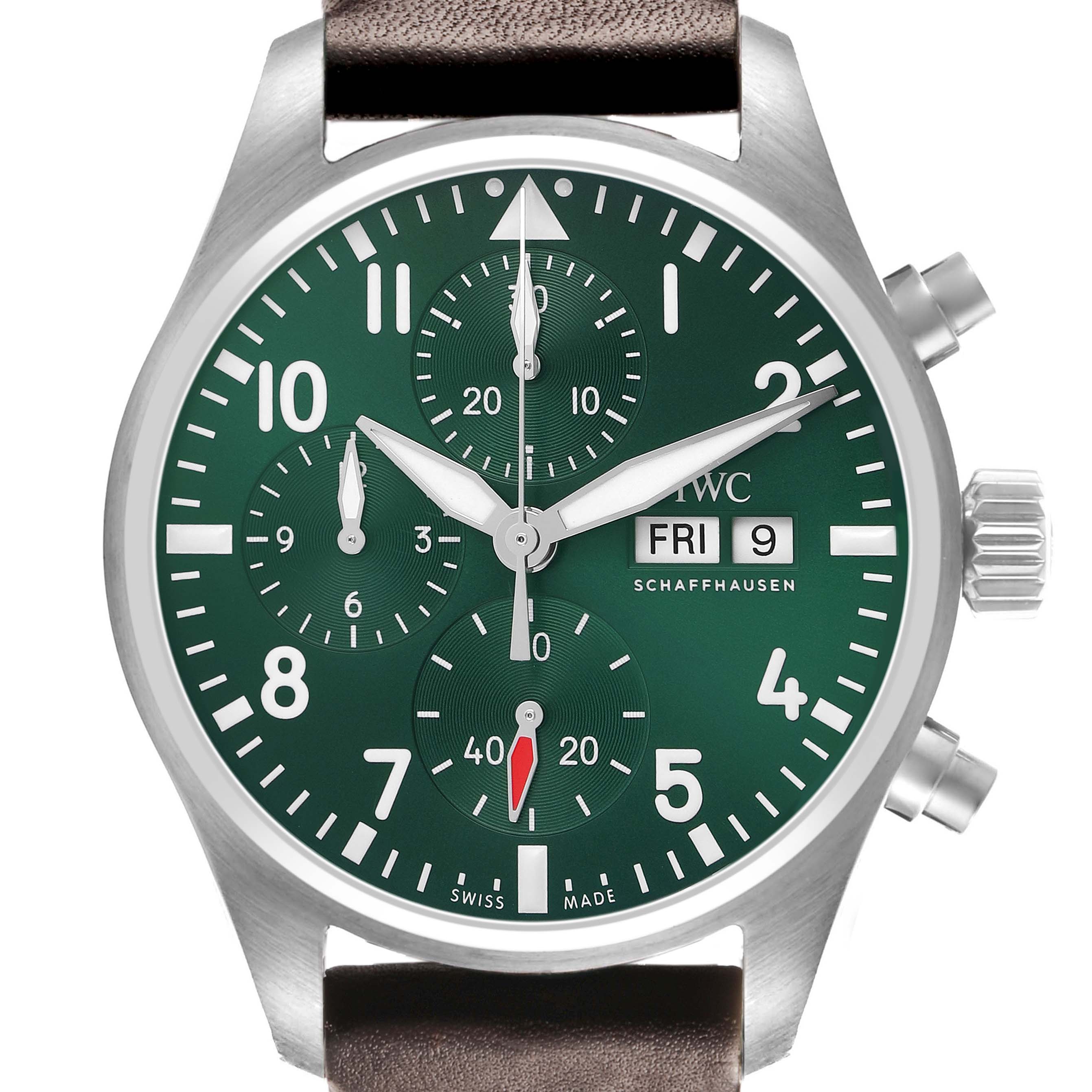 The IWC Pilot IW388103 Men's Stainless Steel Green Dial model watch is shown from a front angle, highlighting the dial, subdials, and crown.