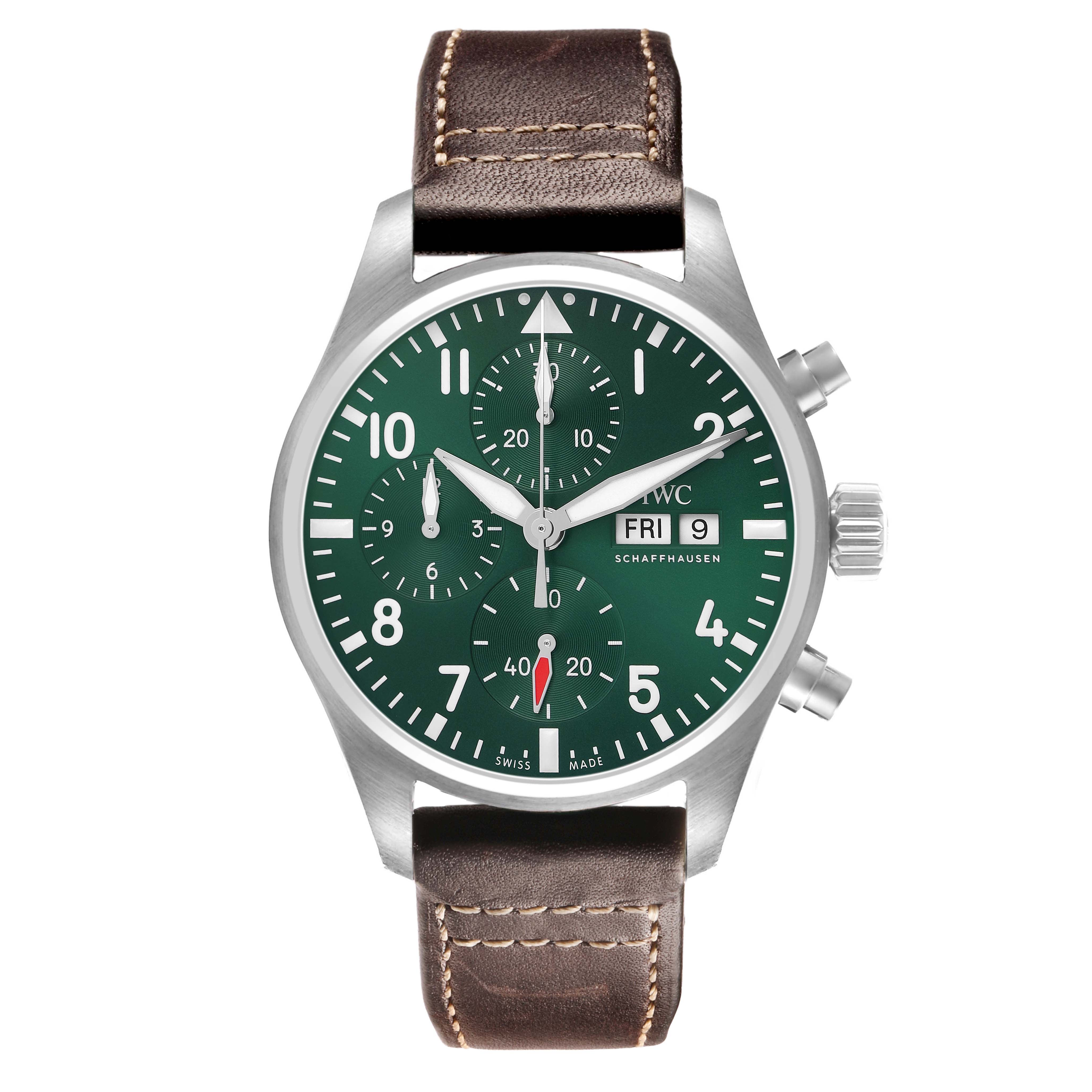 The IWC Pilot IW388103 Men's Stainless Steel Green Dial watch is shown from a front angle, displaying the green dial, chronograph subdials, and brown leather strap.