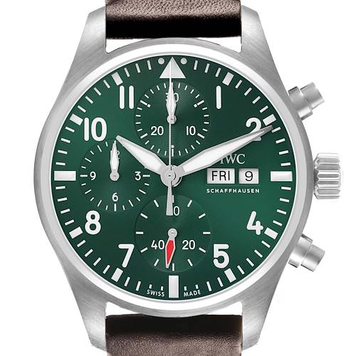 The IWC Pilot IW388103 Men's Stainless Steel Green Dial watch is shown from a front angle, displaying its green dial, chronograph subdials, and leather strap.