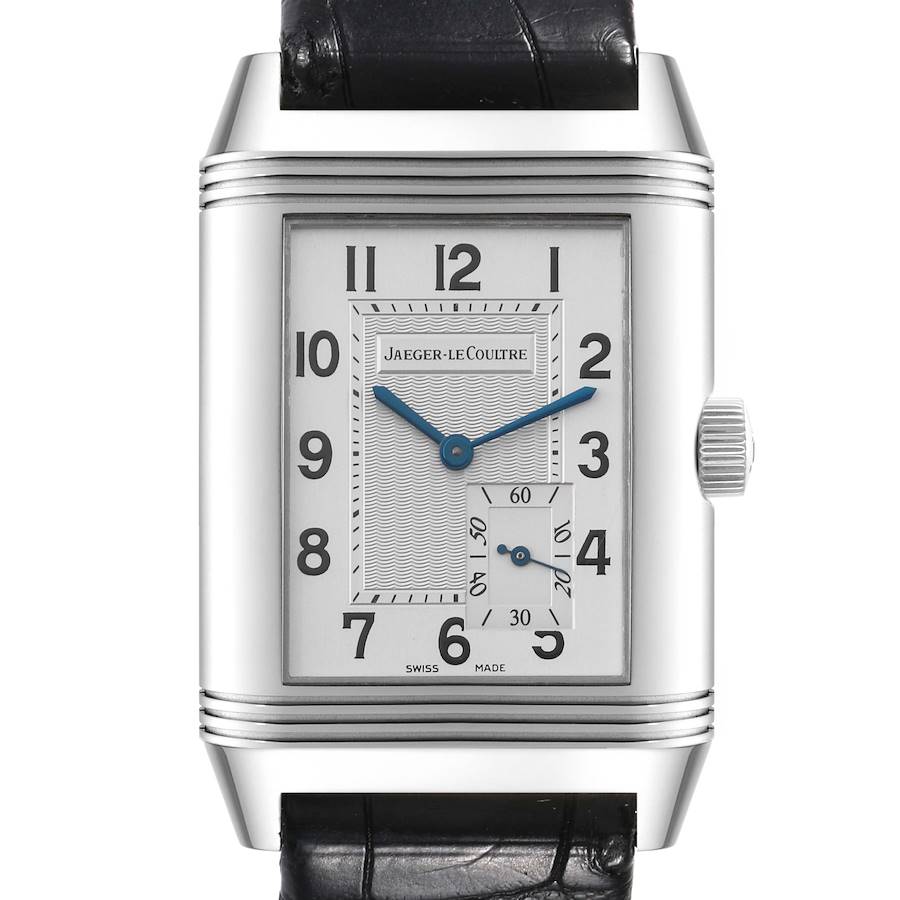 This image shows a front view of the Jaeger-LeCoultre Reverso watch, highlighting its face, numerals, hands, and crown.