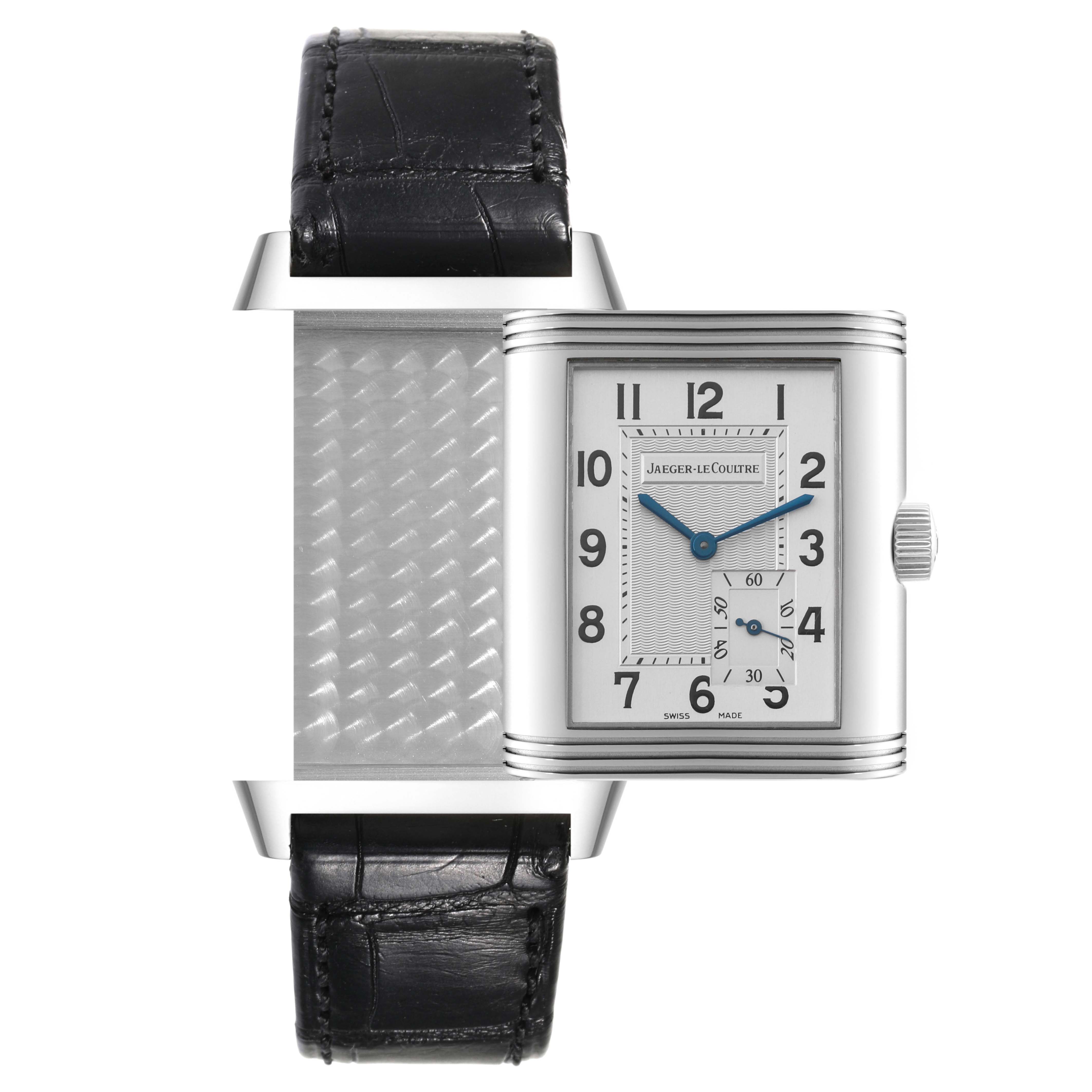 This image shows a front view of a Jaeger LeCoultre Reverso Q3018420 Men's Stainless Steel Silver Dial Q3018420 Men's Stainless Steel Silver Dial watch with its case partially flipped to reveal the reverse side.