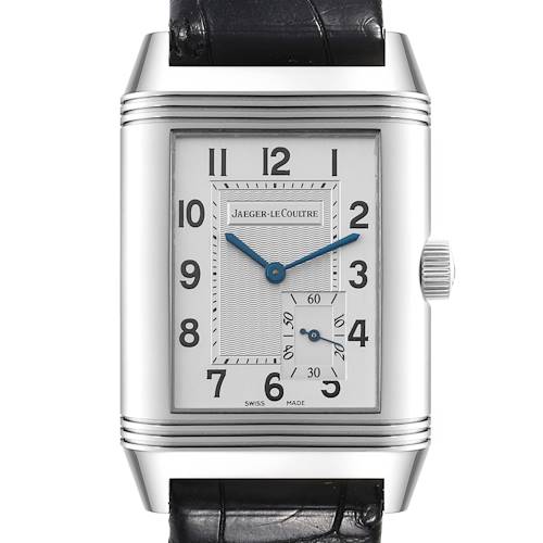 This image shows a front view of the Jaeger-LeCoultre Reverso watch, displaying the dial, hands, crown, and part of the leather strap.