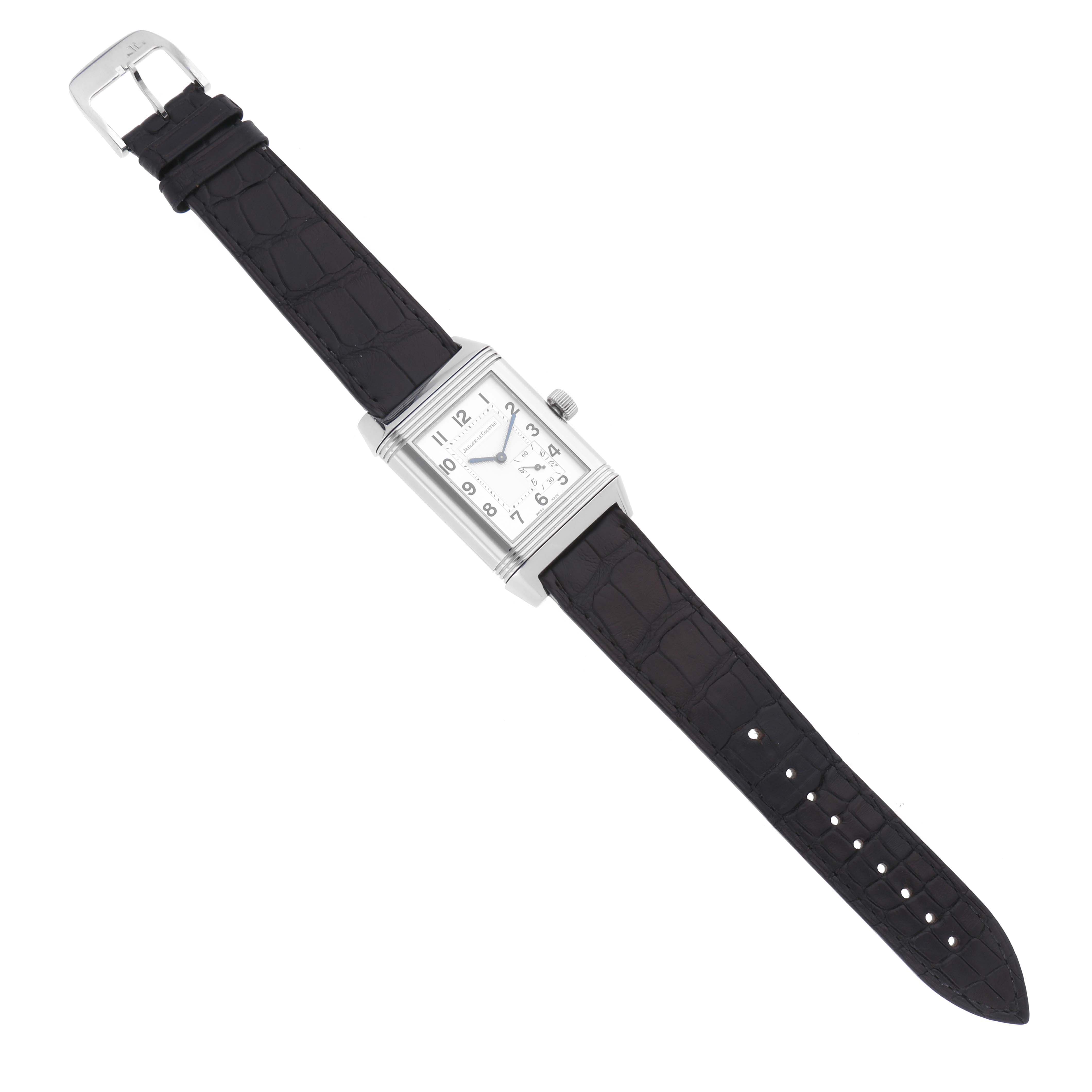 This Jaeger-LeCoultre Reverso watch is shown from a top-down angle, displaying the entire watch face, case, and strap.
