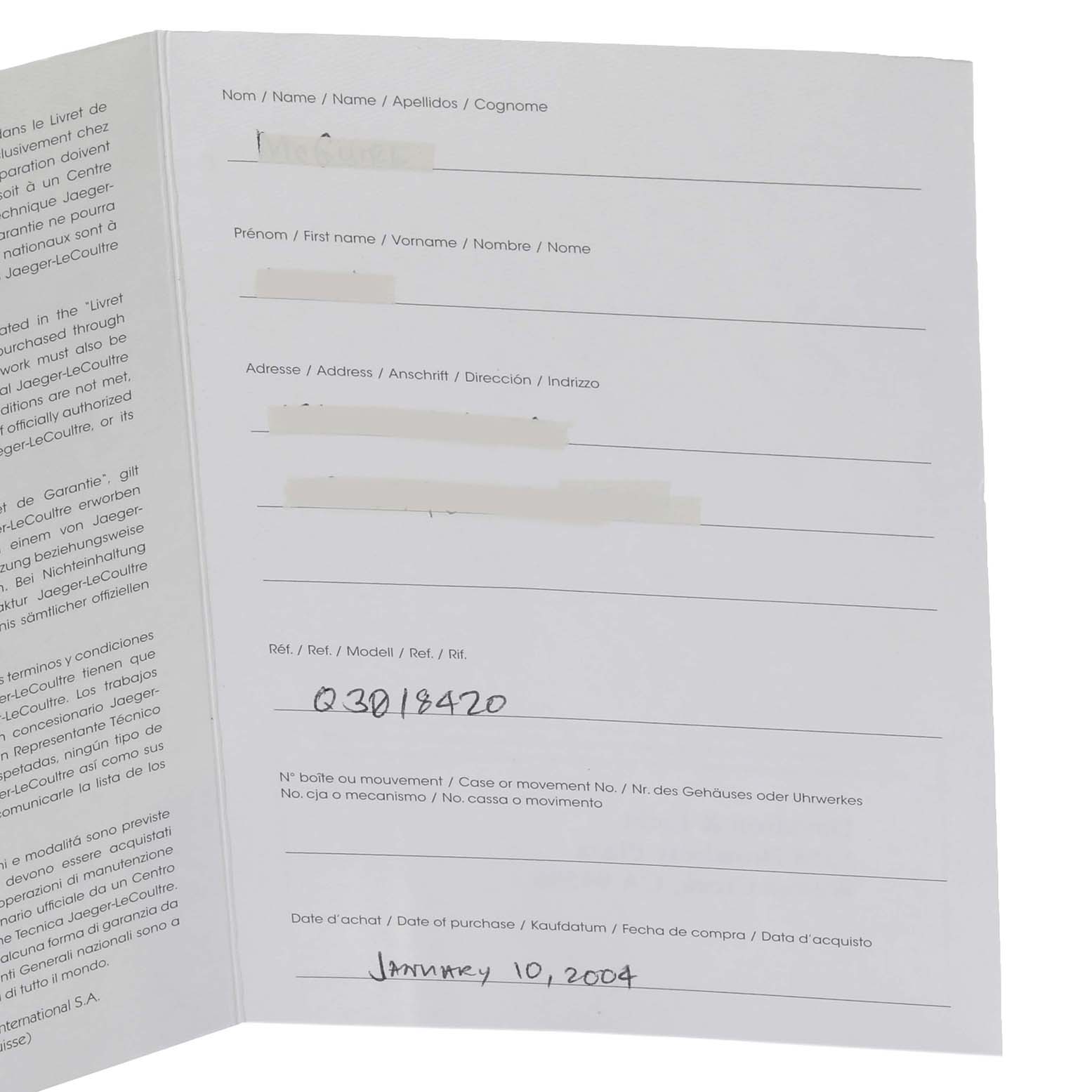 This image shows the certificate or warranty card for a Jaeger-LeCoultre Reverso watch, with handwritten details including the reference number and date of purchase.