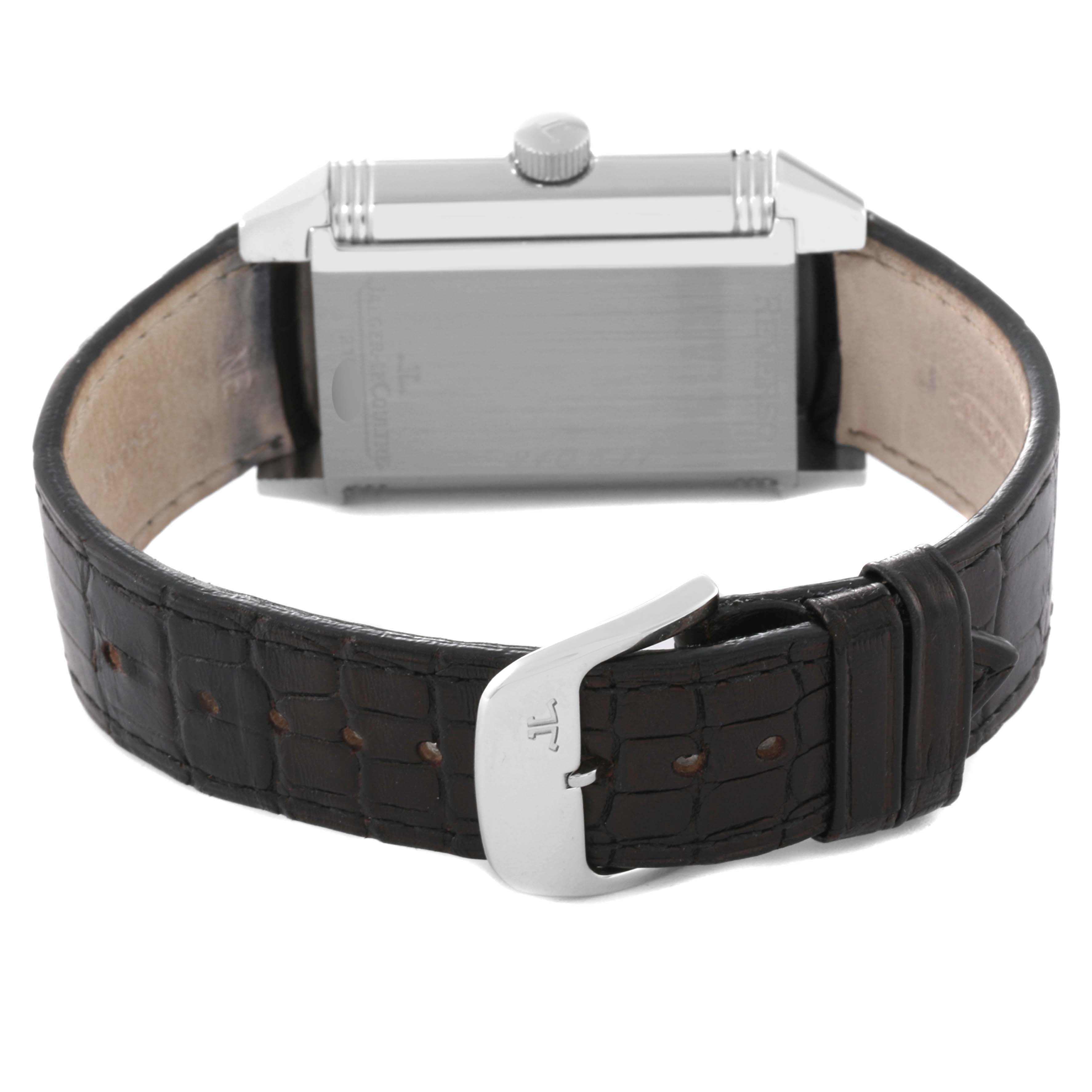 This image shows the back case and leather strap of a Jaeger LeCoultre Reverso Q3018420 Men's Stainless Steel Silver Dial Q3018420 Men's Stainless Steel Silver Dial watch.