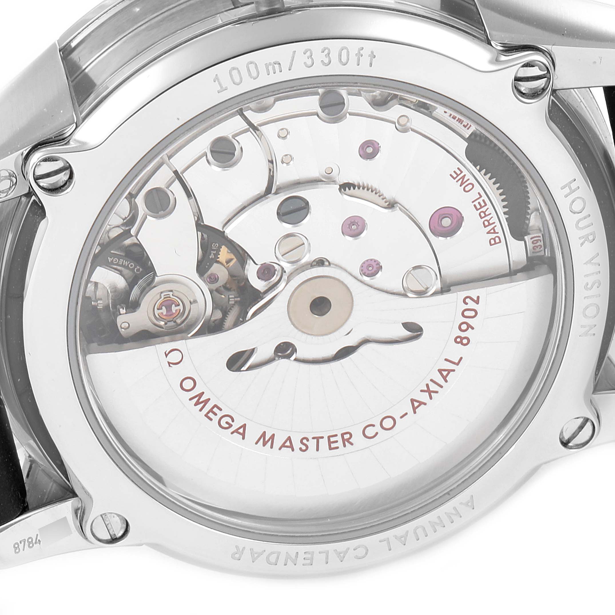 The image shows the back of the Omega De Ville 433.33.41.22.03.001 Men's Stainless Steel Blue Dial 433.33.41.22.03.001 Men's Stainless Steel Blue Dial watch, highlighting its intricate movement and internal mechanisms.