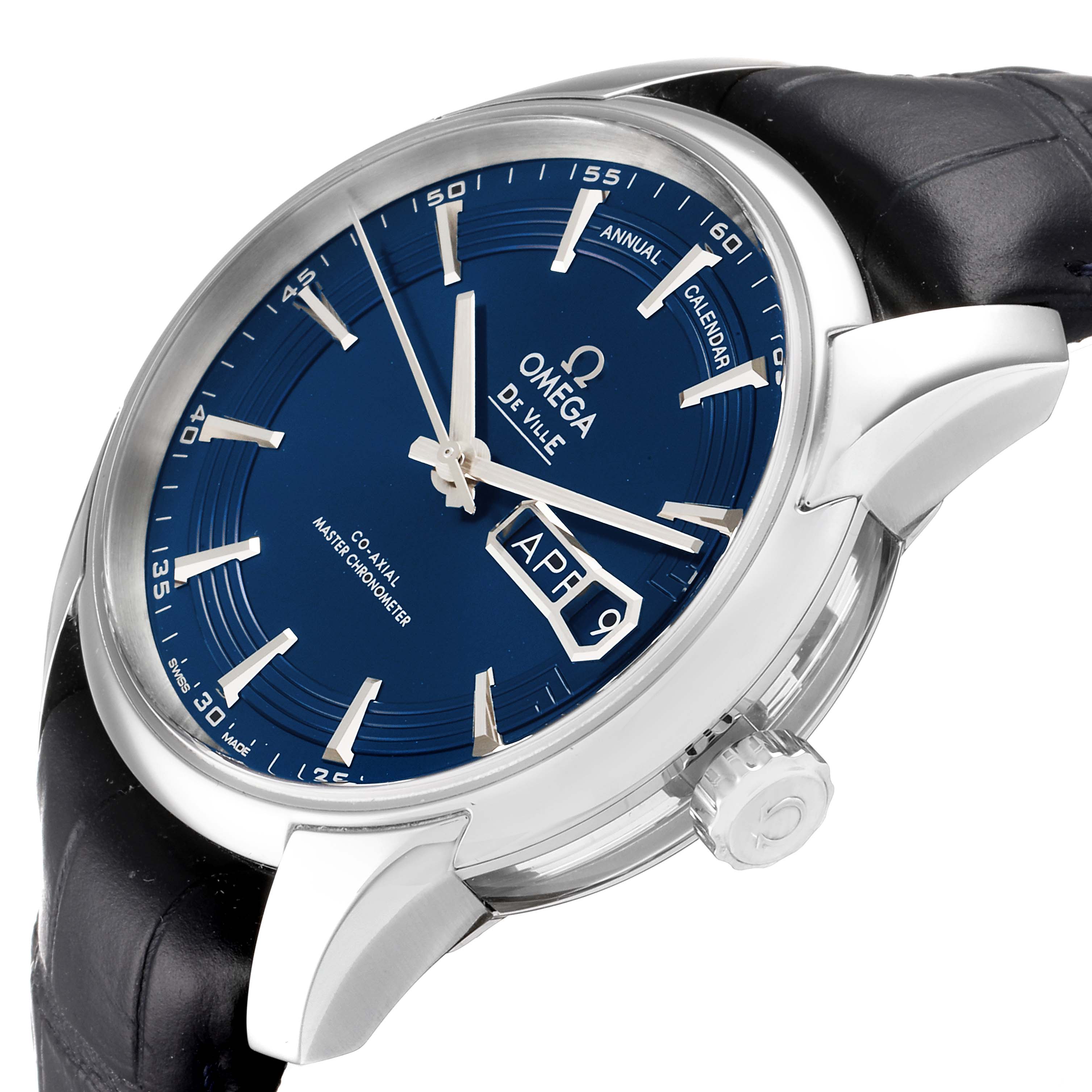 The image shows an angled view of the Omega De Ville 433.33.41.22.03.001 Men's Stainless Steel Blue Dial 433.33.41.22.03.001 Men's Stainless Steel Blue Dial watch, highlighting the face, dial, and part of the leather strap.