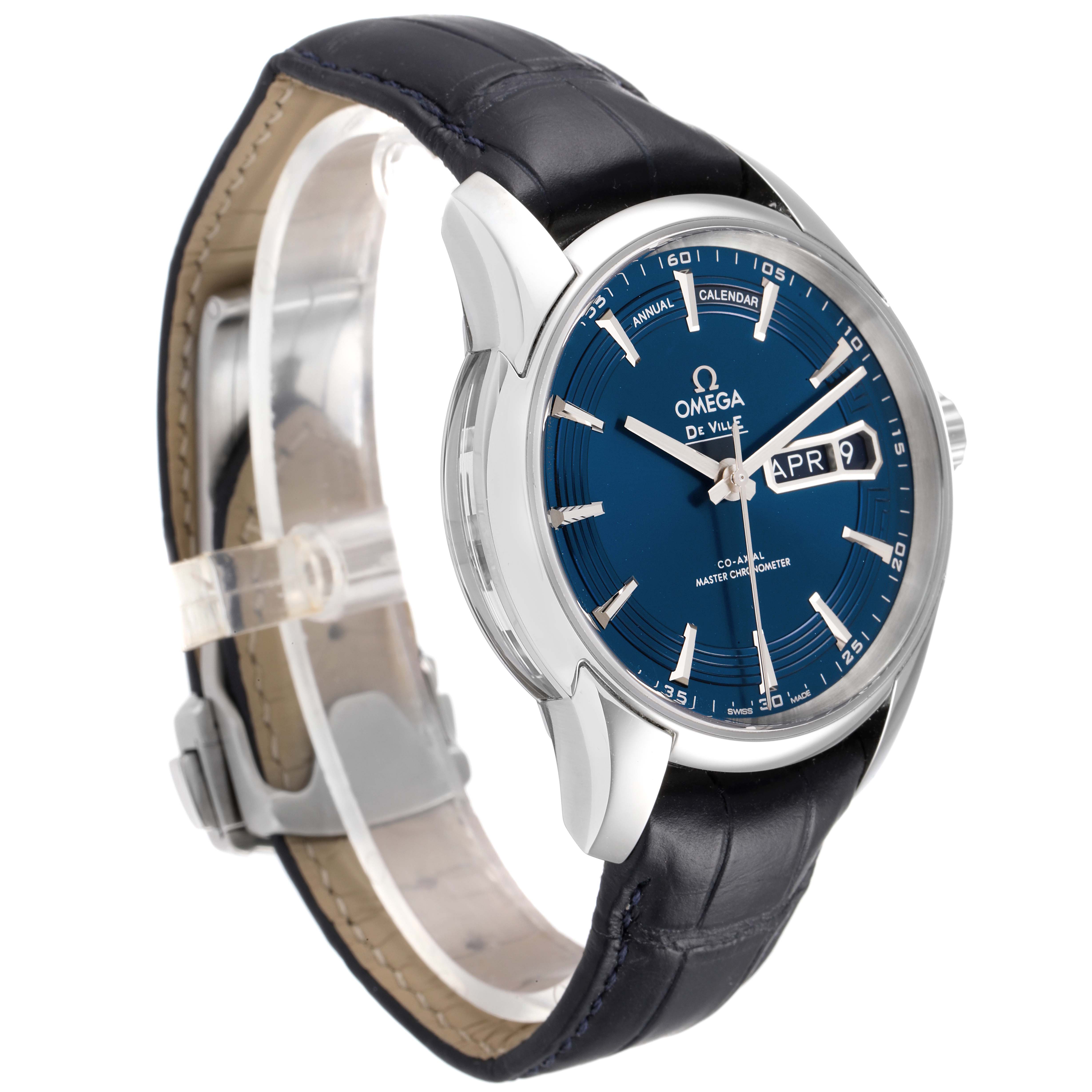 The image shows a side and front angle of an Omega De Ville 433.33.41.22.03.001 Men's Stainless Steel Blue Dial 433.33.41.22.03.001 Men's Stainless Steel Blue Dial watch featuring a blue dial, black leather strap, and date display.