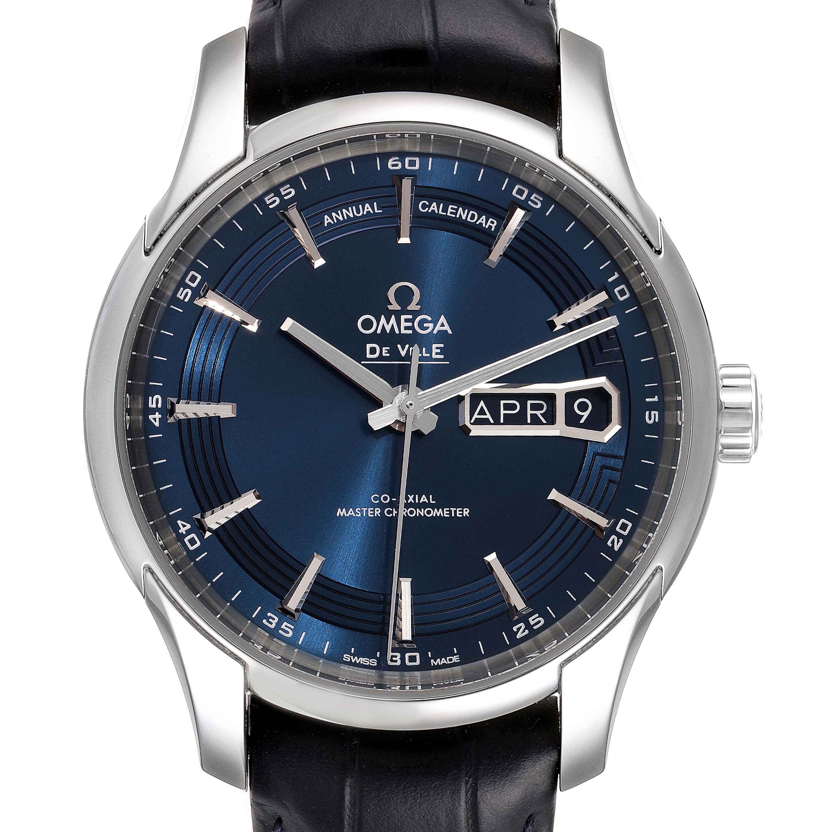 This image shows a close-up front view of an Omega De Ville 433.33.41.22.03.001 Men's Stainless Steel Blue Dial 433.33.41.22.03.001 Men's Stainless Steel Blue Dial watch, featuring a blue dial, date display, and black leather strap.
