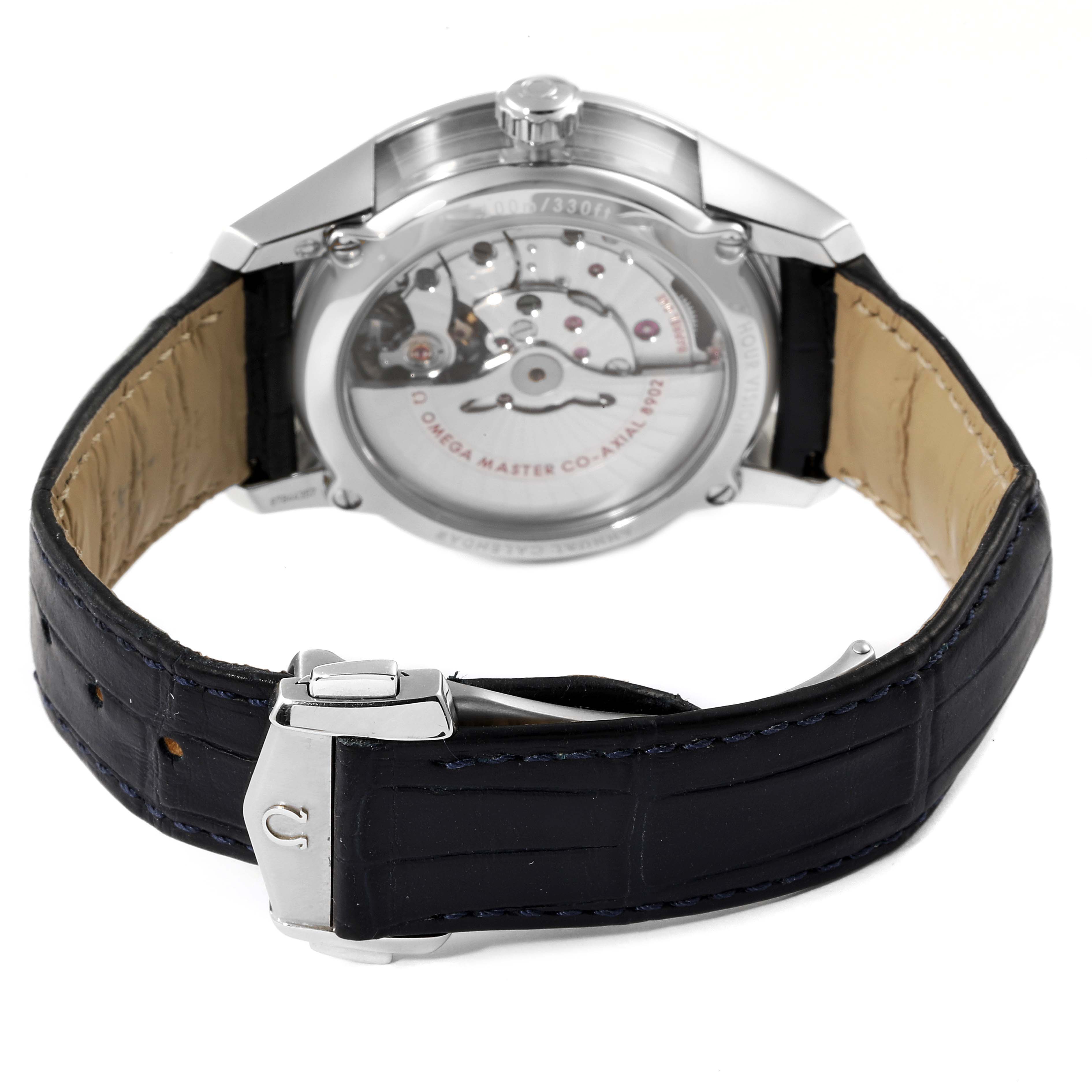 The image shows the back and inner mechanism of the Omega De Ville 433.33.41.22.03.001 Men's Stainless Steel Blue Dial 433.33.41.22.03.001 Men's Stainless Steel Blue Dial watch, along with its leather strap and clasp.