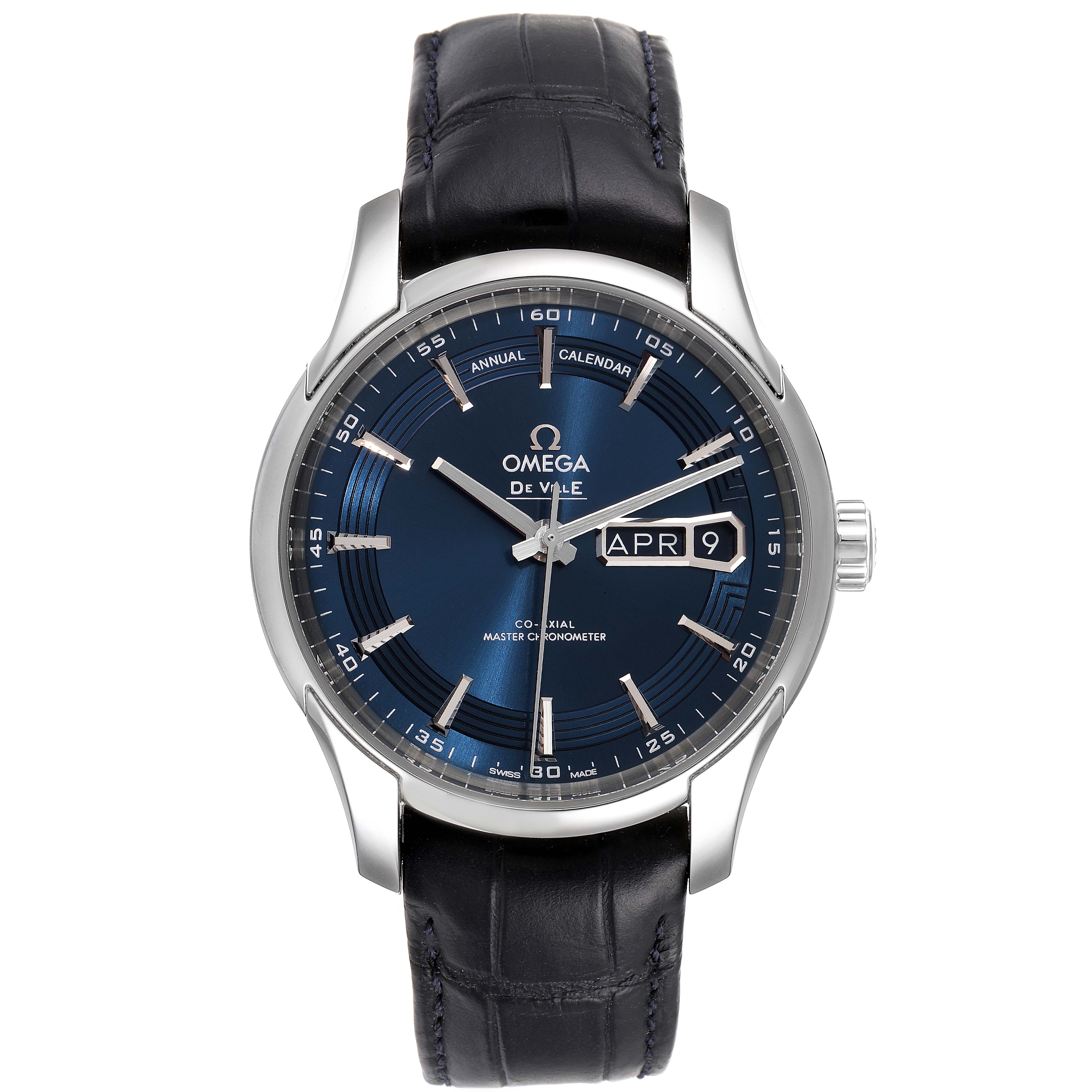 The Omega De Ville 433.33.41.22.03.001 Men's Stainless Steel Blue Dial 433.33.41.22.03.001 Men's Stainless Steel Blue Dial watch is shown from the front, displaying the dial, hands, date, and strap.