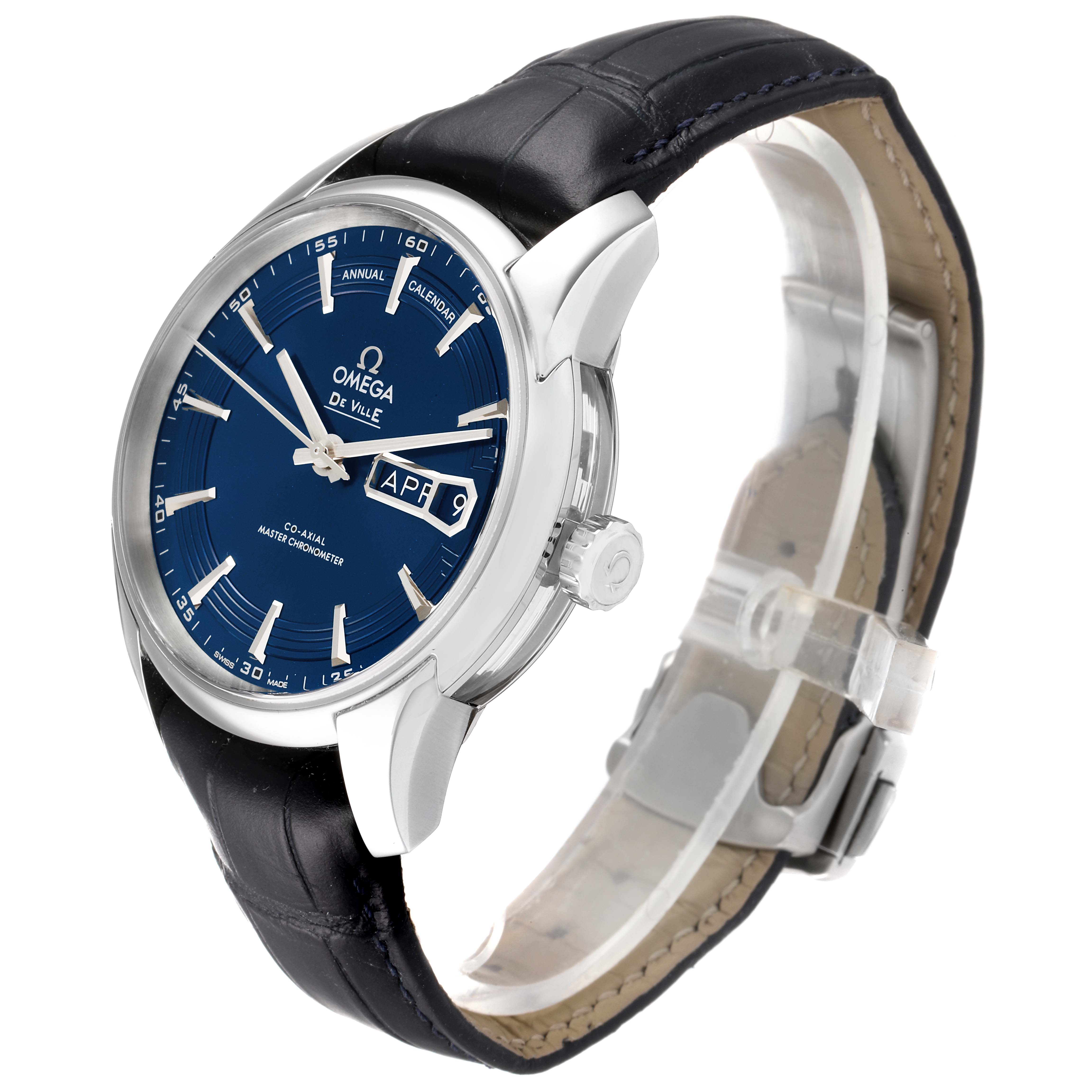 The image shows an Omega De Ville 433.33.41.22.03.001 Men's Stainless Steel Blue Dial 433.33.41.22.03.001 Men's Stainless Steel Blue Dial watch at a 3/4 angle, displaying its face, strap, clasp, and crown.