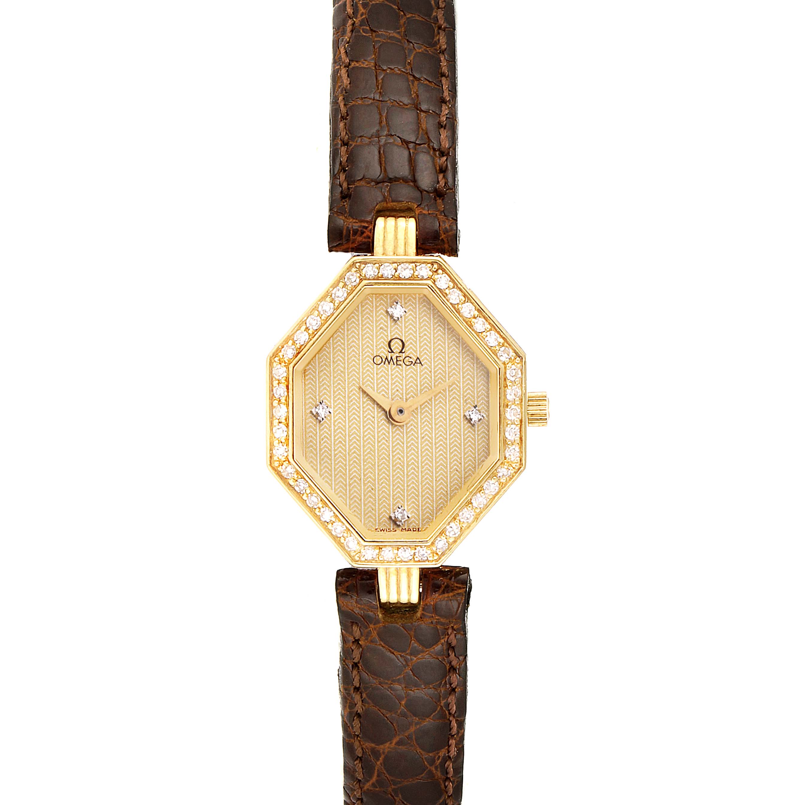 The image shows a front view of the Omega 1450 Women's Yellow Gold Champagne Dial 1450 Women's Yellow Gold Champagne Dial DeVille Mini Yellow Gold Diamond Cocktail Ladies Watch 1450 with a brown leather strap.