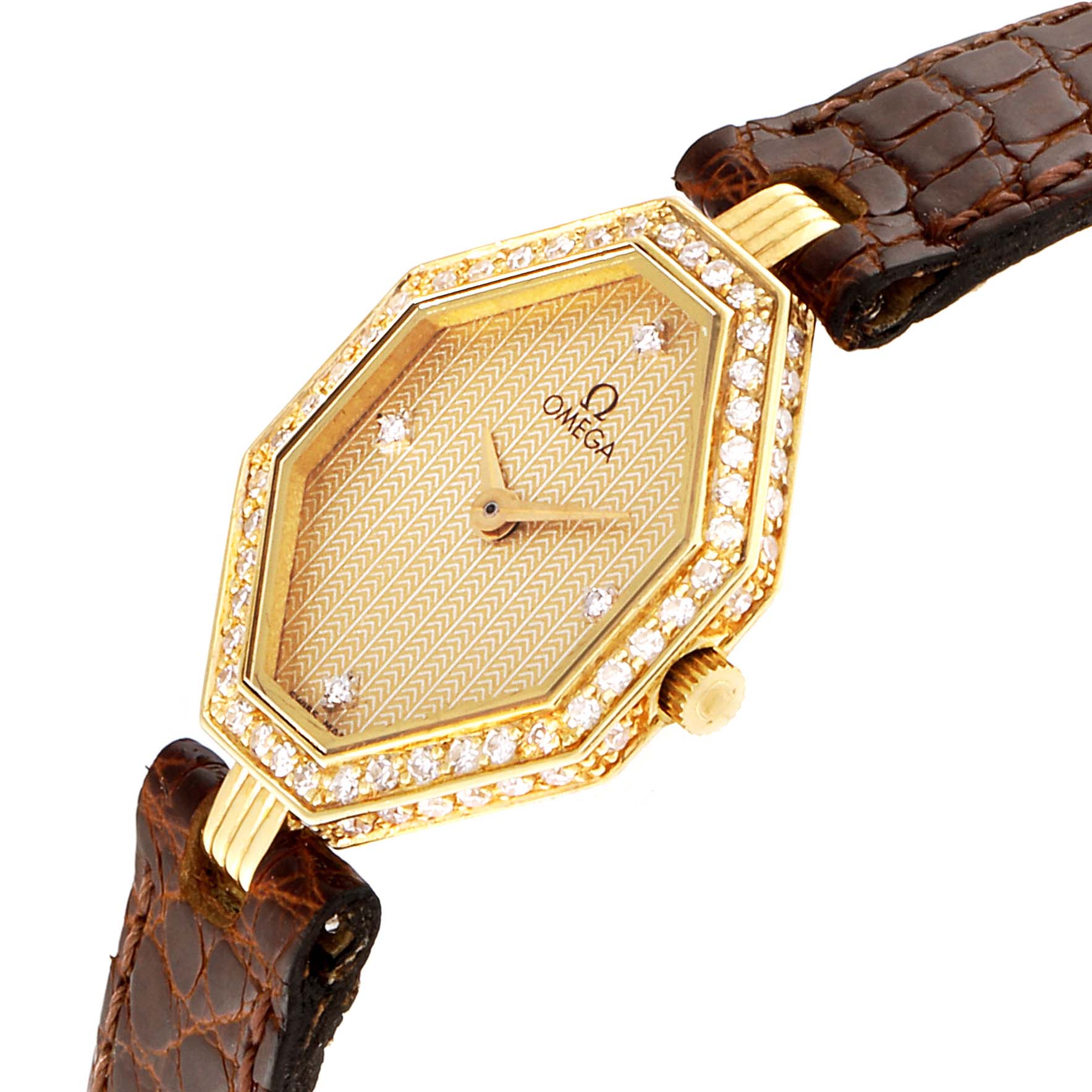 The DeVille Mini Yellow Gold Diamond Cocktail Ladies Watch 1450 by Omega 1450 Women's Yellow Gold Champagne Dial 1450 Women's Yellow Gold Champagne Dial is shown from a front angle, highlighting its face, bezel, and strap.