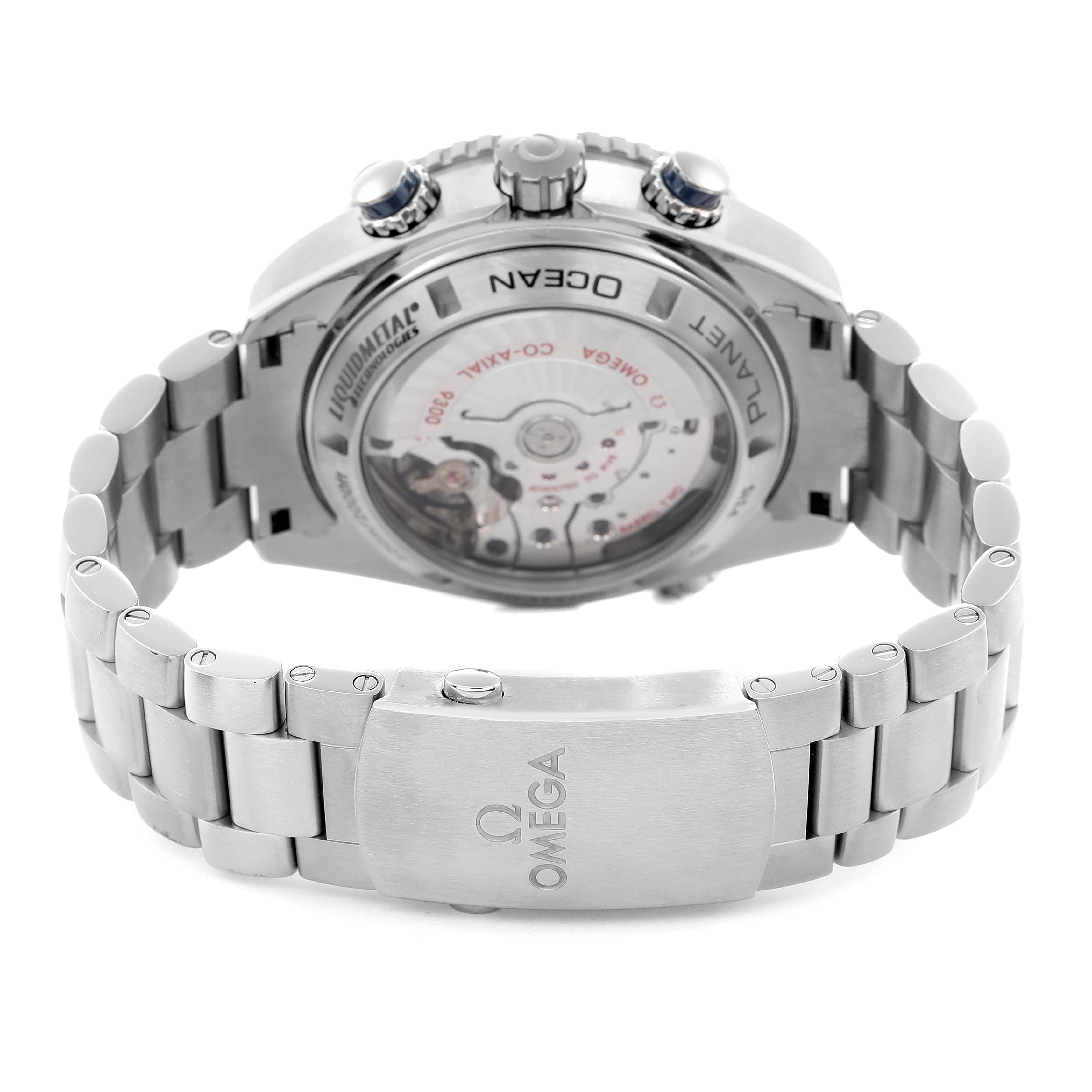 The image shows the back view of the Omega Planet Ocean 232.90.46.51.03.001, highlighting the case back, bracelet, and clasp.