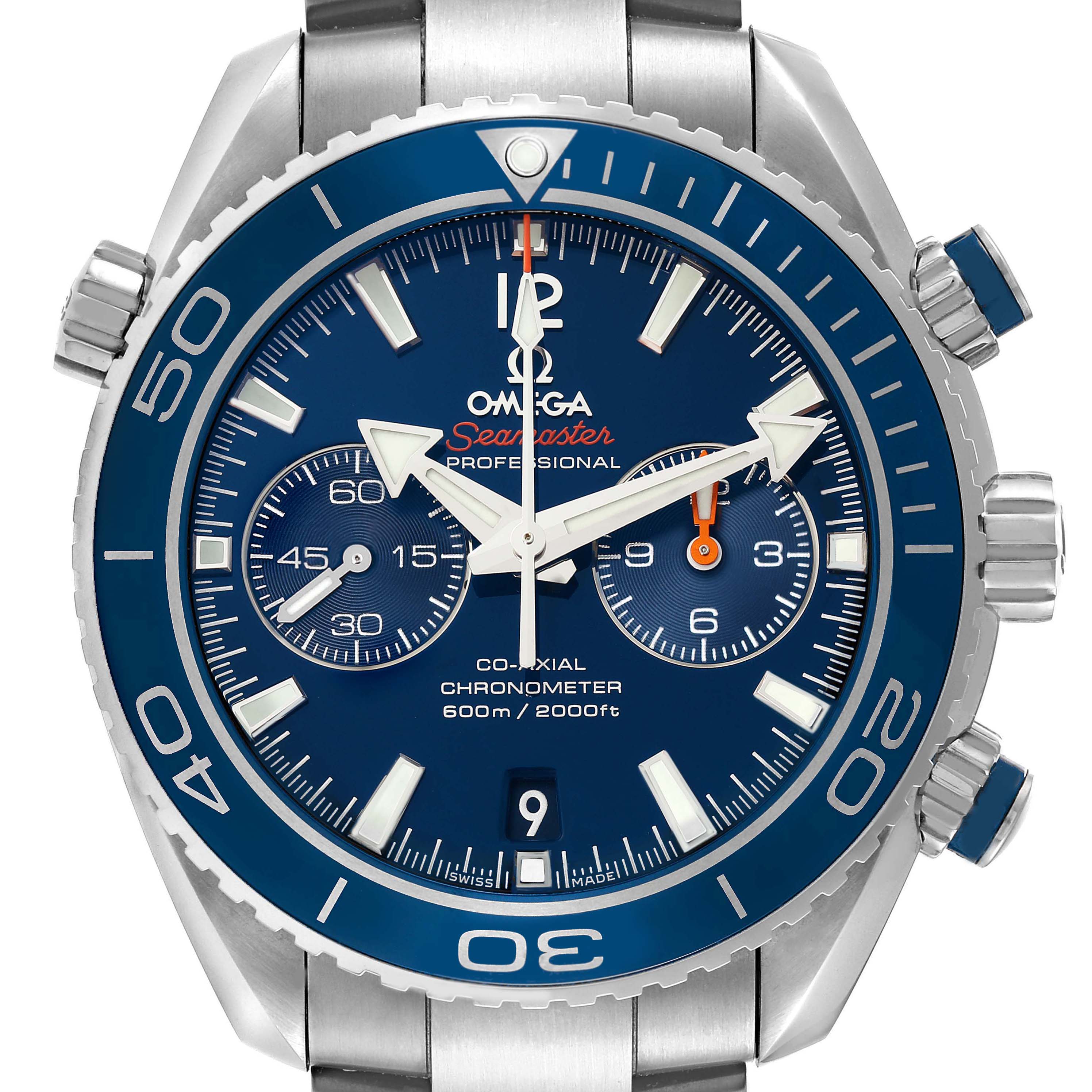 The image shows a frontal view of the Omega Planet Ocean model 232.90.46.51.03.001 men
s watch, highlighting its blue dial, bezel, and twin sub-dials.