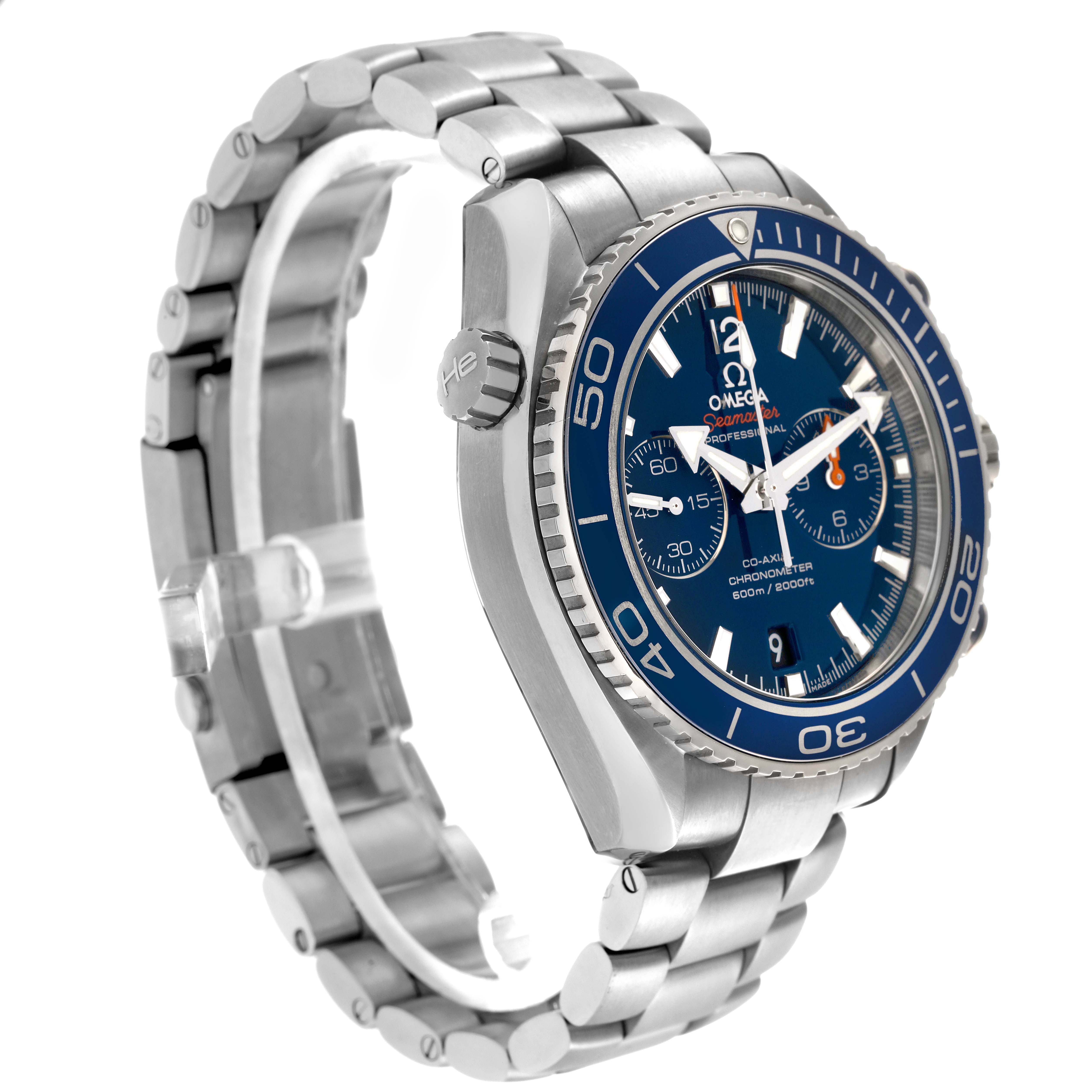 The Omega Planet Ocean model 232.90.46.51.03.001 is shown at an angled view, highlighting its face, bezel, crown, and part of the stainless steel bracelet.