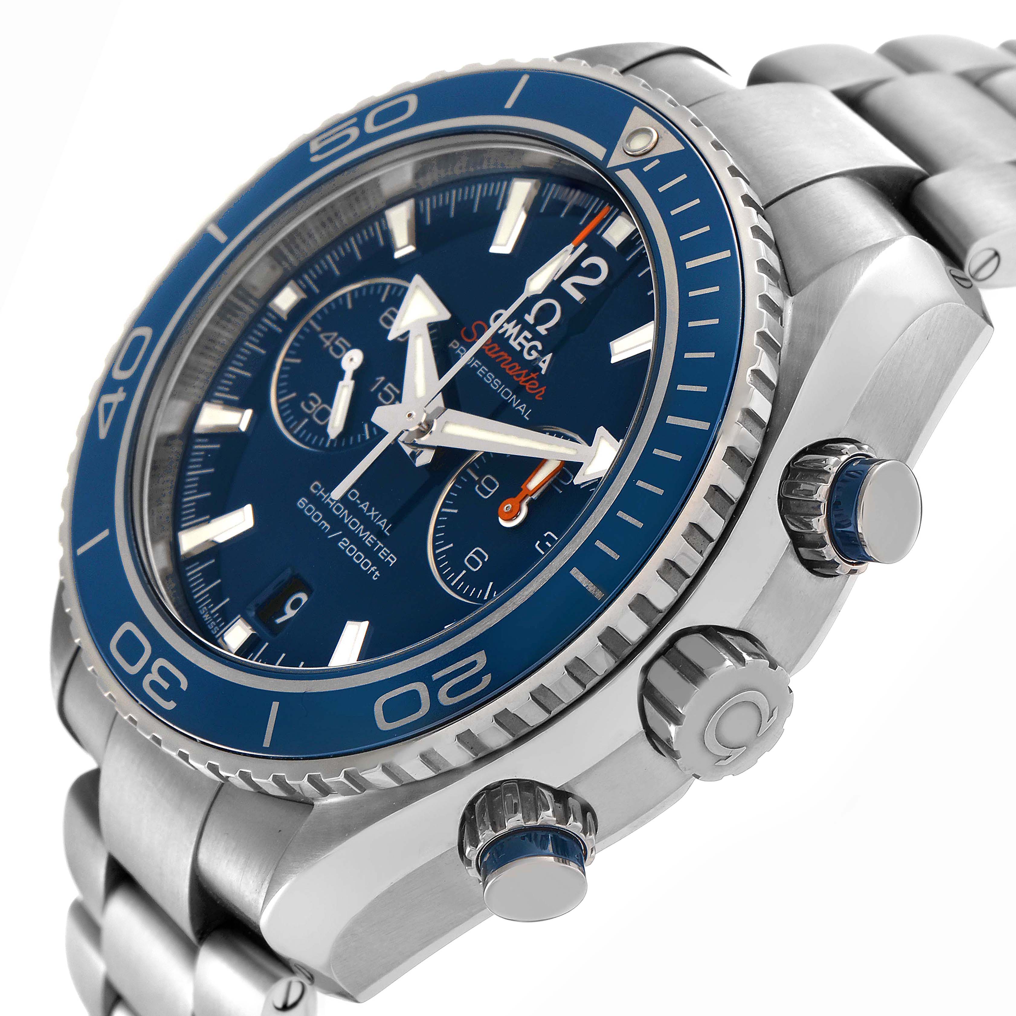 The Omega Planet Ocean model 232.90.46.51.03.001 is shown at an angled side view, highlighting the bezel, crown, pushers, and part of the bracelet.