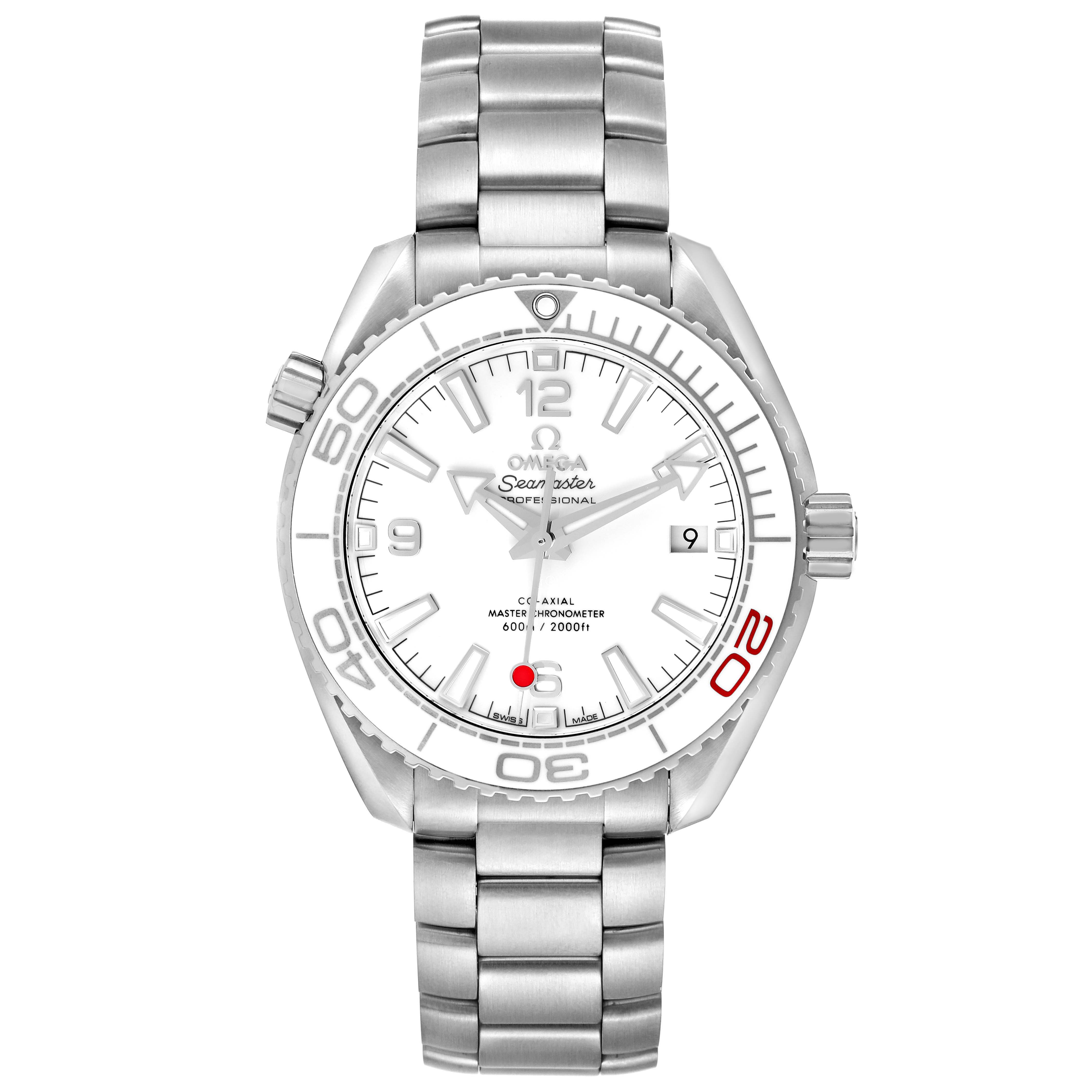 The Omega Planet Ocean model 522.33.40.20.04.001 is shown from the front, displaying the full face, bezel, crown, and stainless steel bracelet.