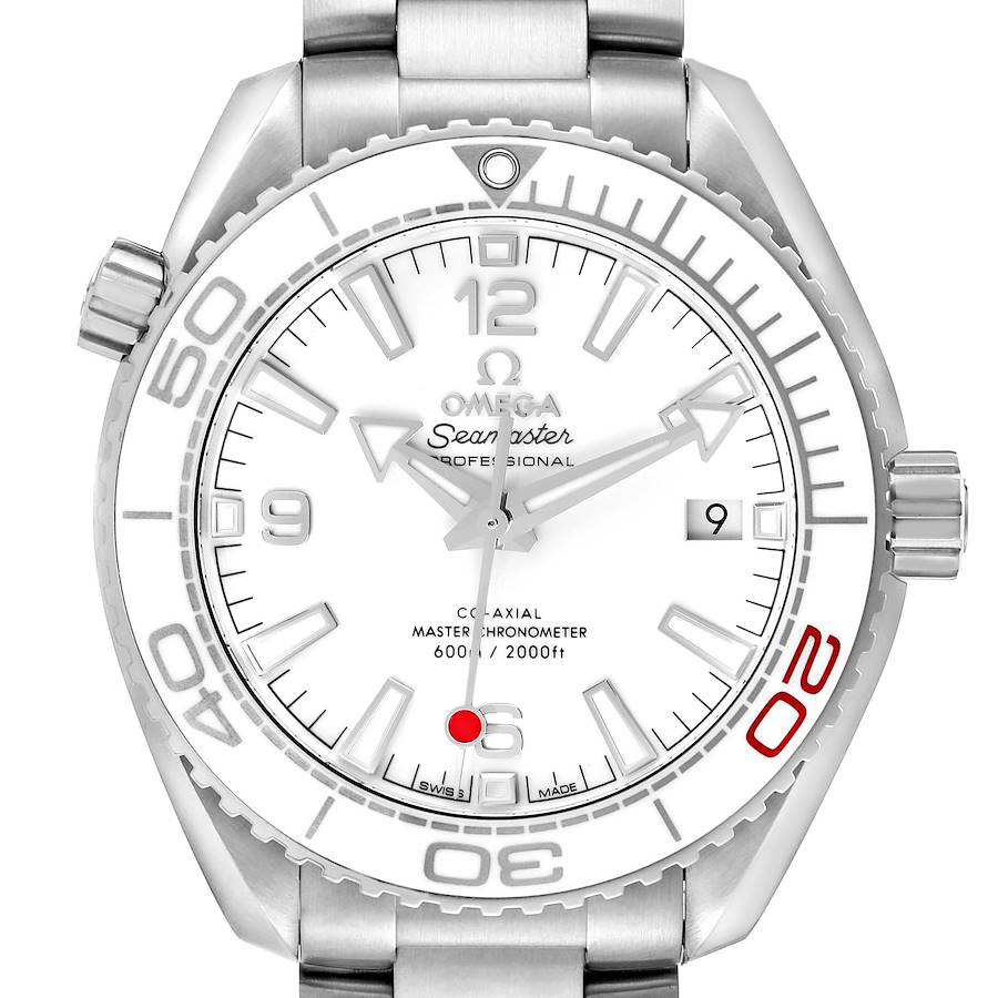 The Omega Planet Ocean 522.33.40.20.04.001 is shown from the front, highlighting the dial, bezel, and part of the stainless steel bracelet.