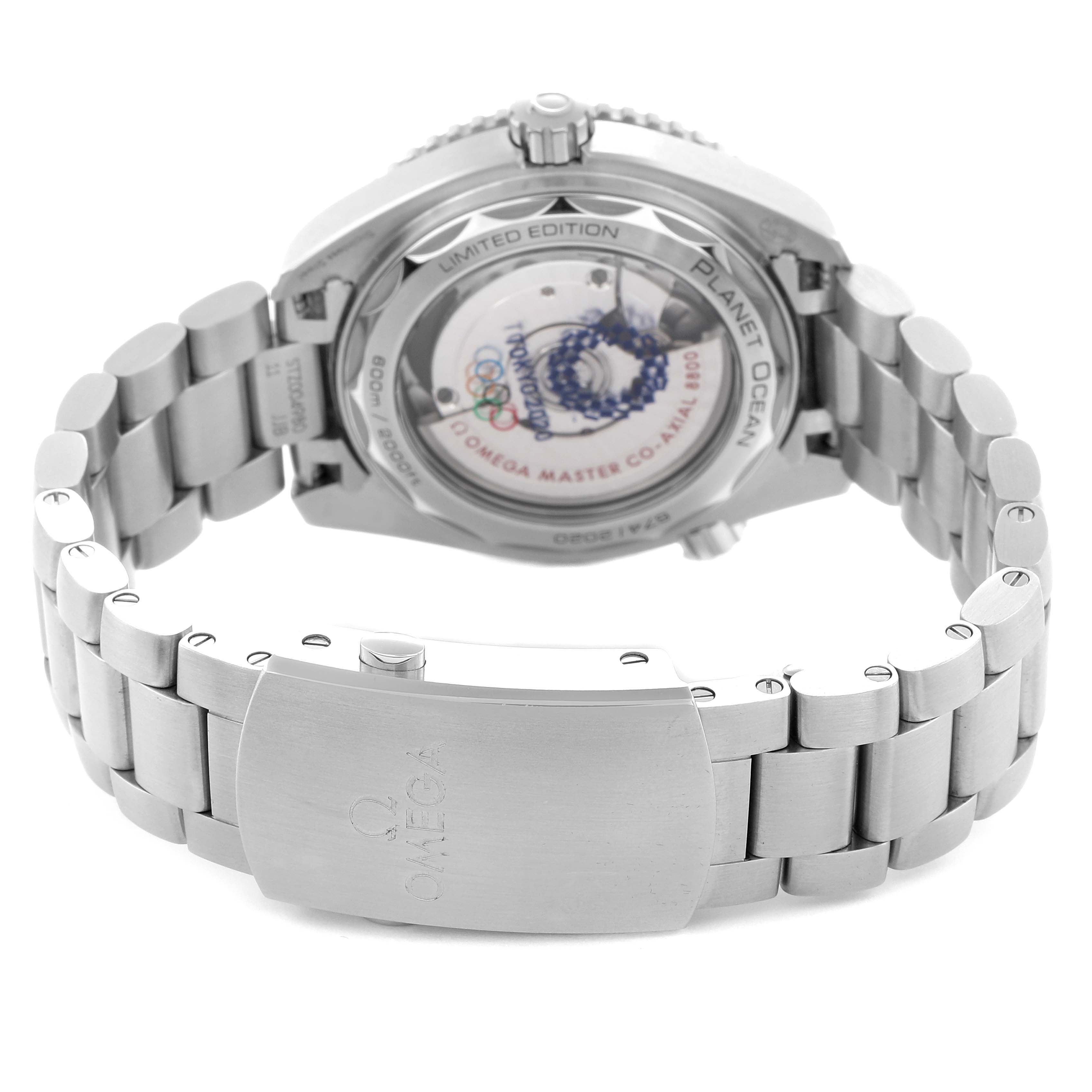 The image shows the back of the Omega Planet Ocean model 522.33.40.20.04.001 watch at an angle highlighting its transparent case back and metal bracelet with clasp.